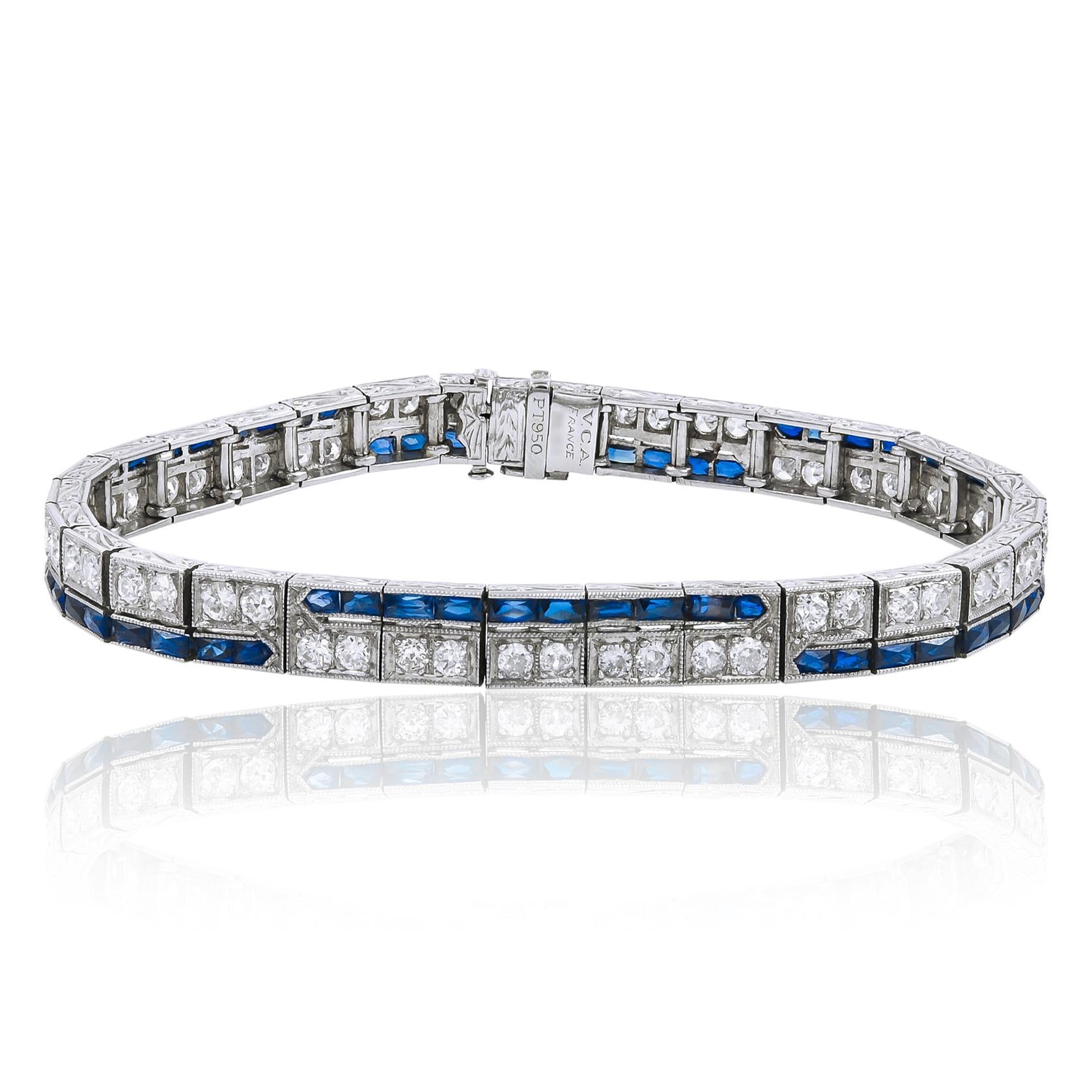 VAN CLEEF & ARPELS Platinum, Diamond & Sapphire Art Deco Straight Line Bracelet