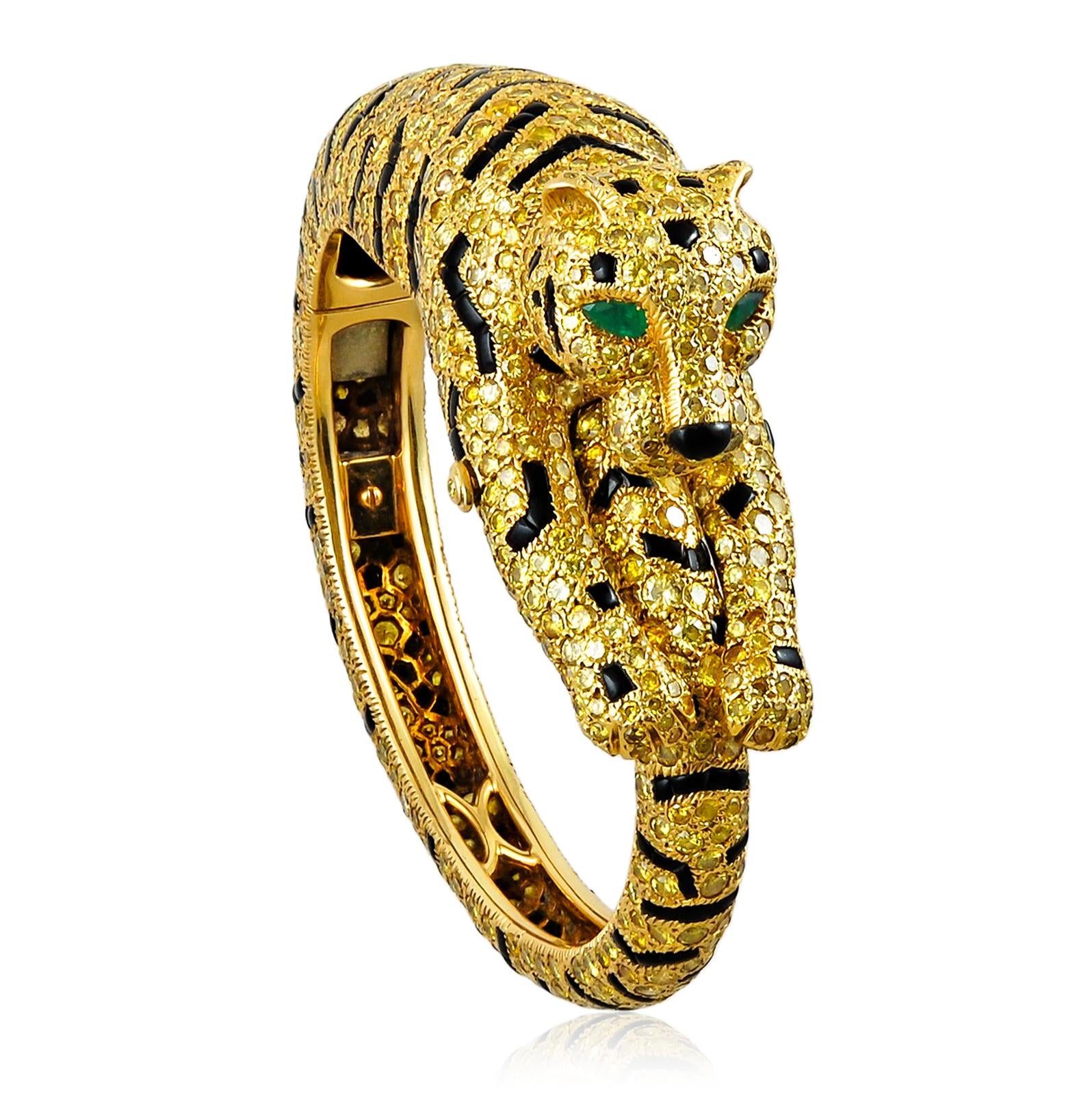 Cartier Fancy Yellow & White Diamond, Onyx, and Emerald Tiger Bangle
