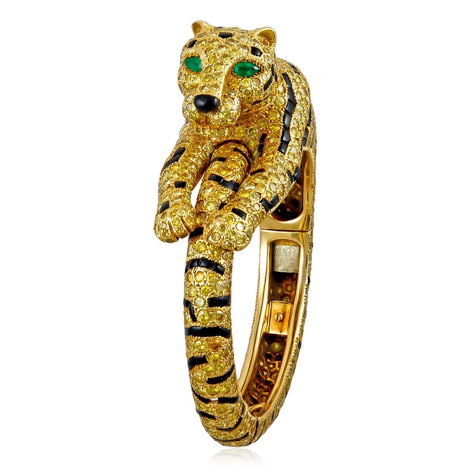 Cartier Fancy Yellow & White Diamond, Onyx, and Emerald Tiger Bangle