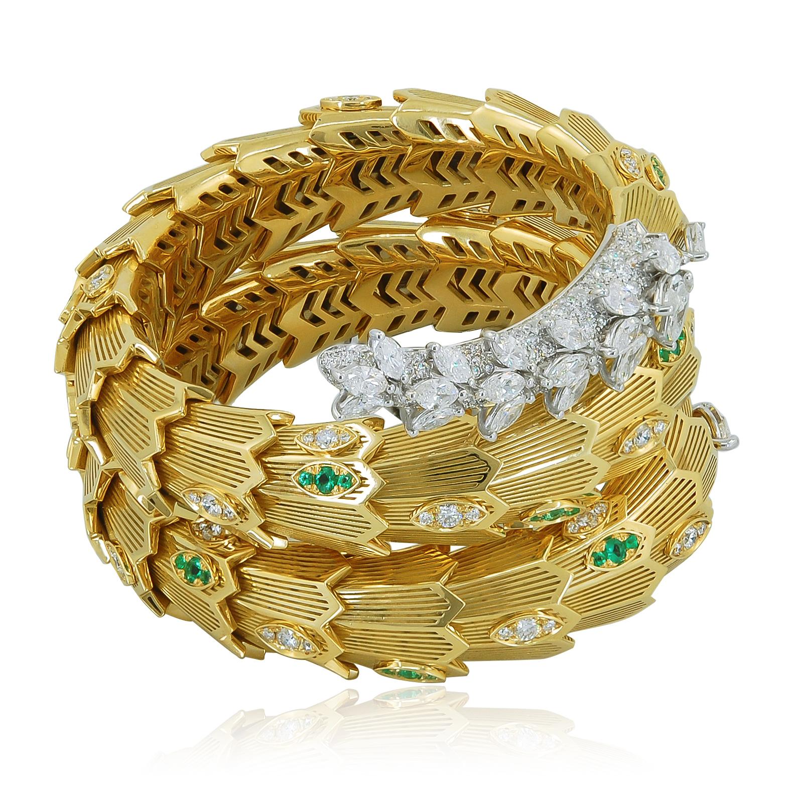 BULGARI 18K Gold Diamond and Emerald Serpenti Bracelet