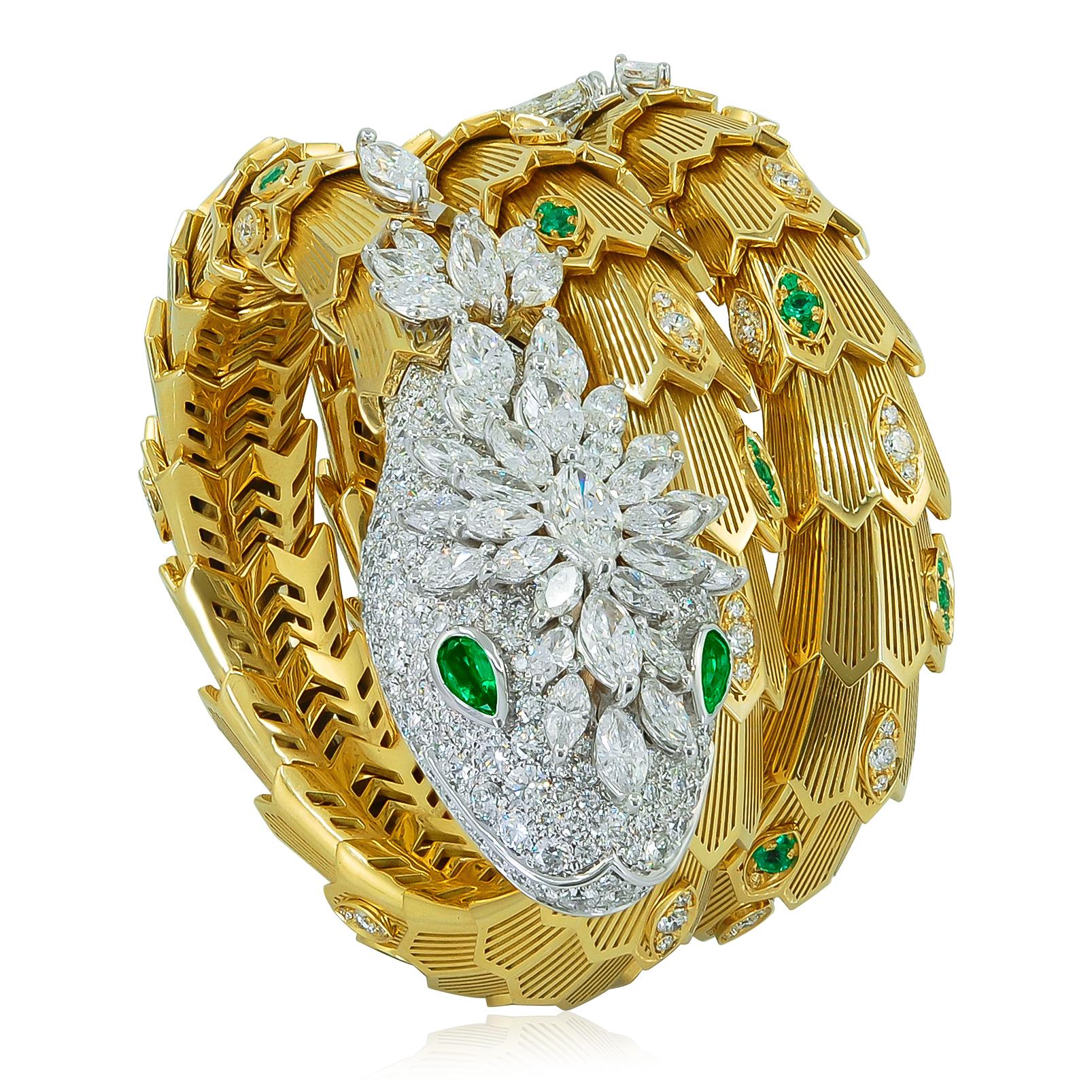 BULGARI 18K Gold Diamond and Emerald Serpenti Bracelet