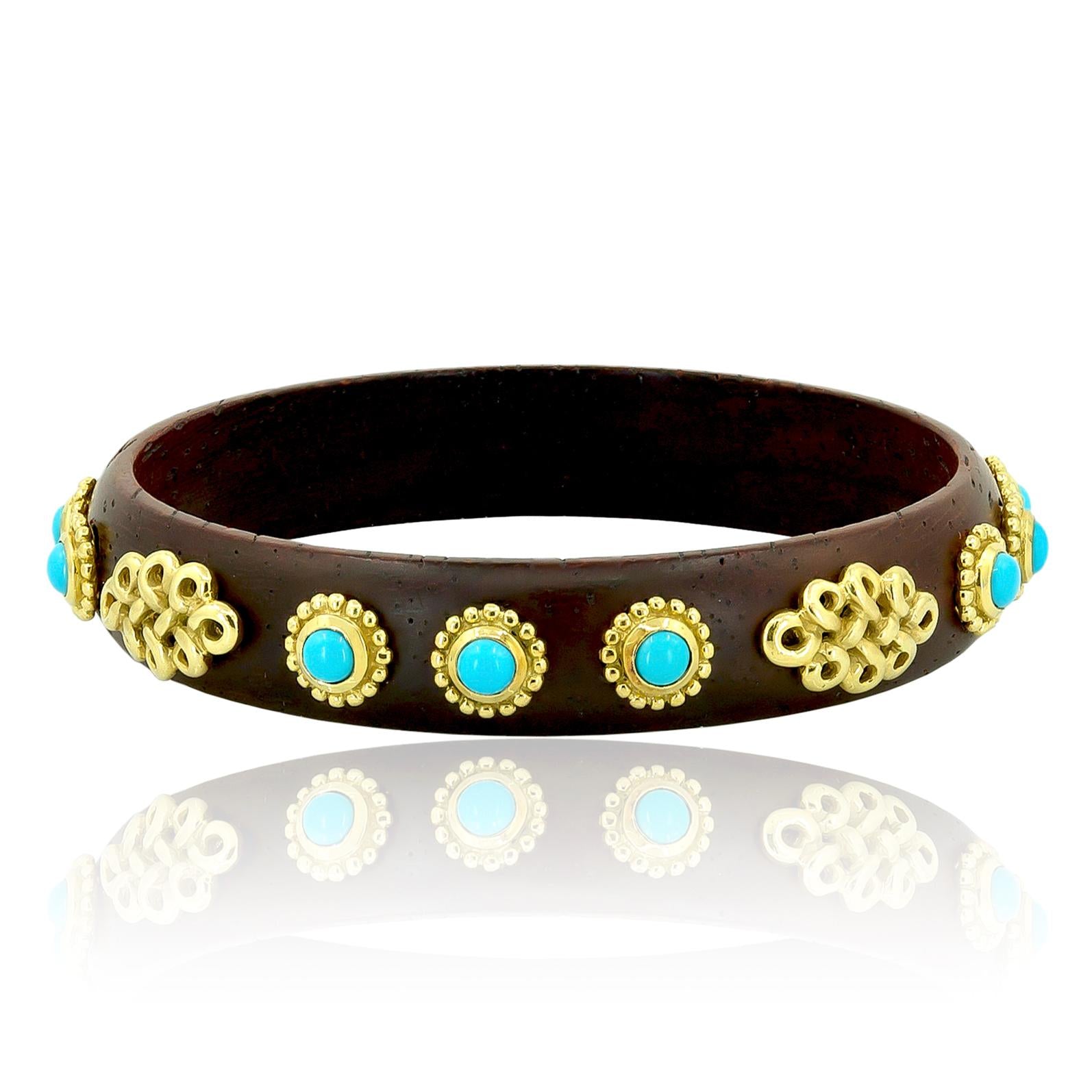 HAUME 18K Yellow Gold and Turquoise Wood Bangle