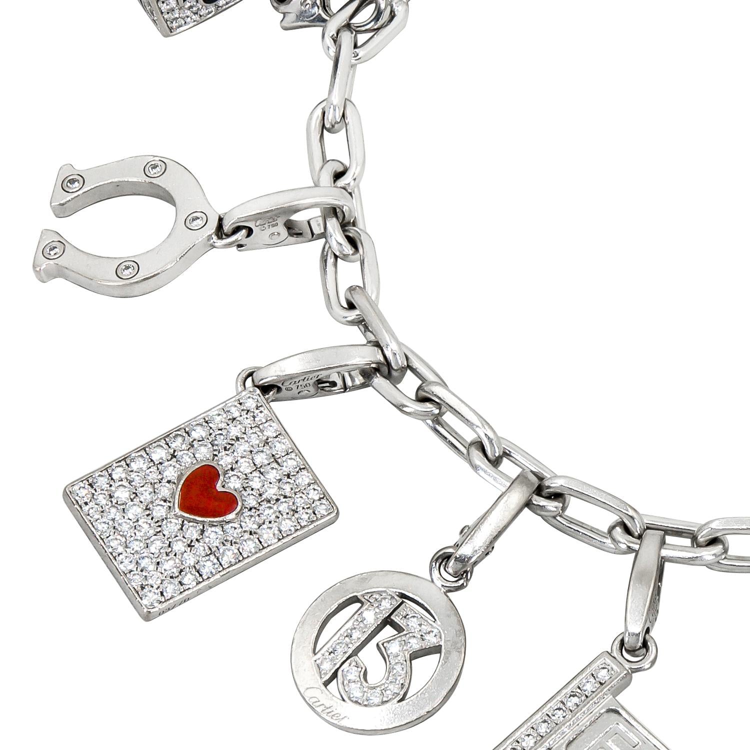 CARTIER 18K White Gold, Diamond, Turquoise, Ruby and Enamel 10-Charm Bracelet