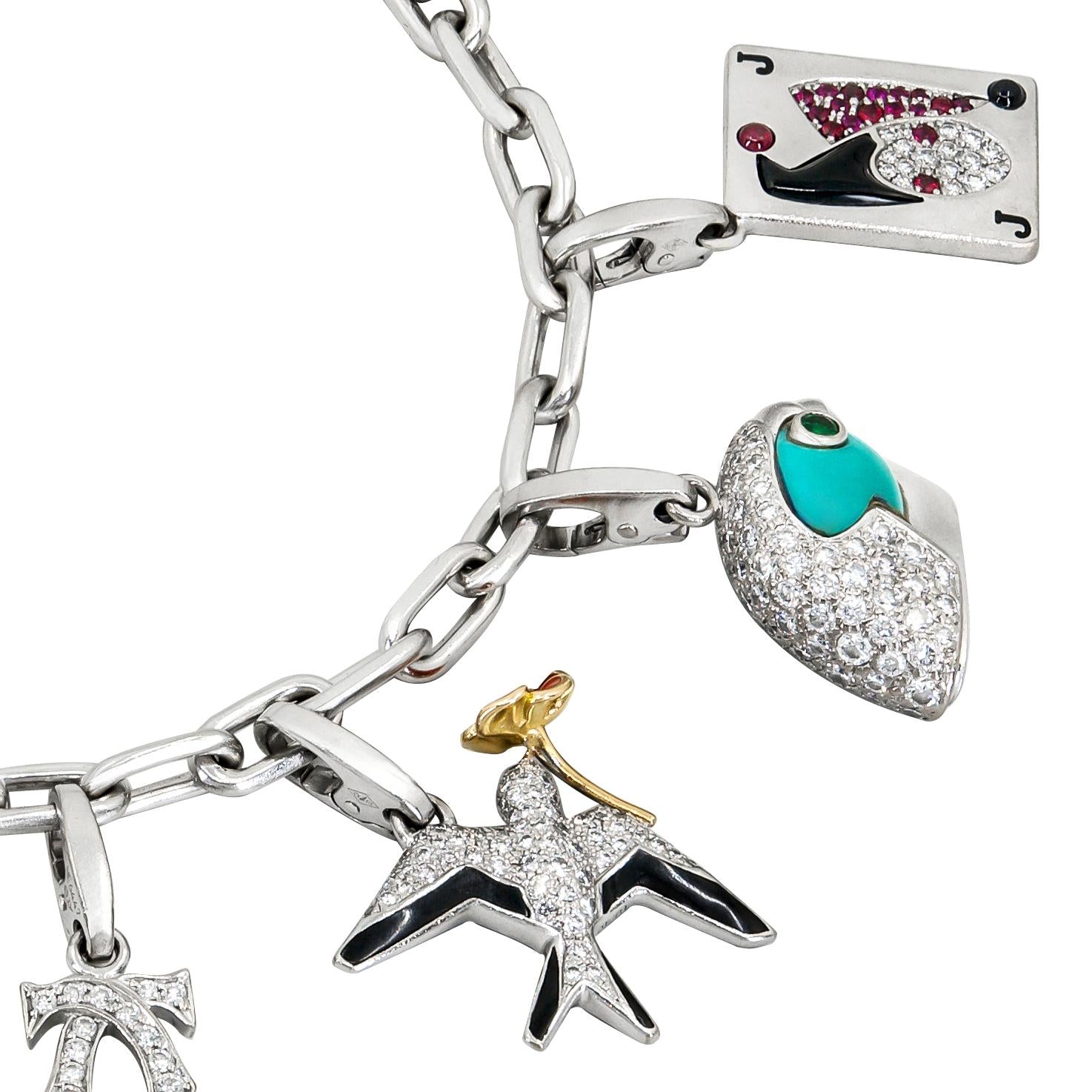 CARTIER 18K White Gold, Diamond, Turquoise, Ruby and Enamel 10-Charm Bracelet
