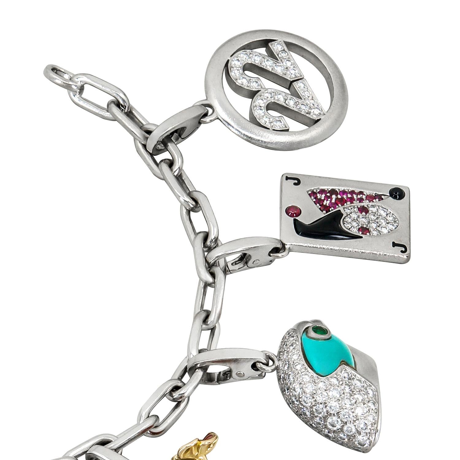 CARTIER 18K White Gold, Diamond, Turquoise, Ruby and Enamel 10-Charm Bracelet