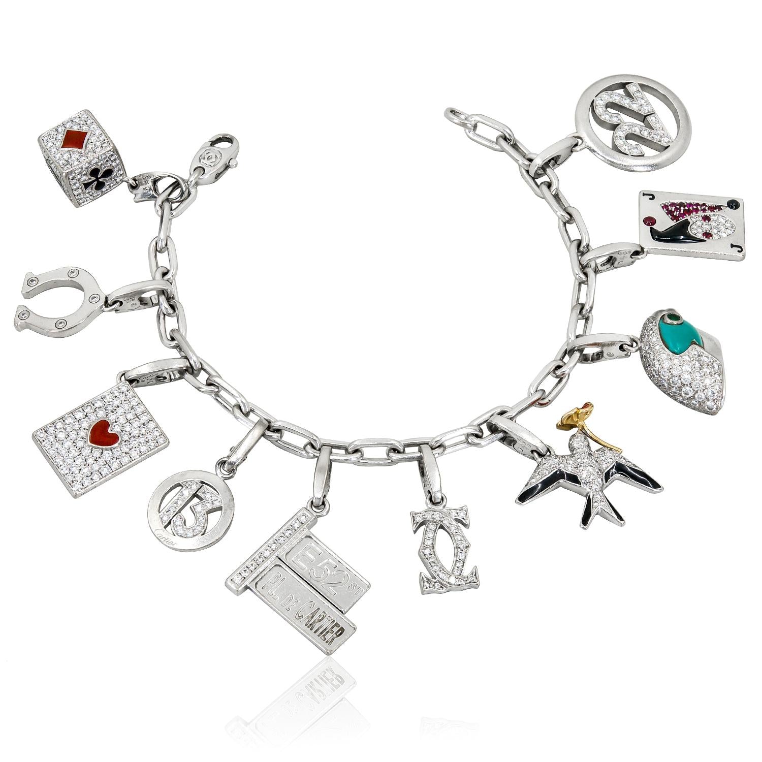 CARTIER 18K White Gold, Diamond, Turquoise, Ruby and Enamel 10-Charm Bracelet
