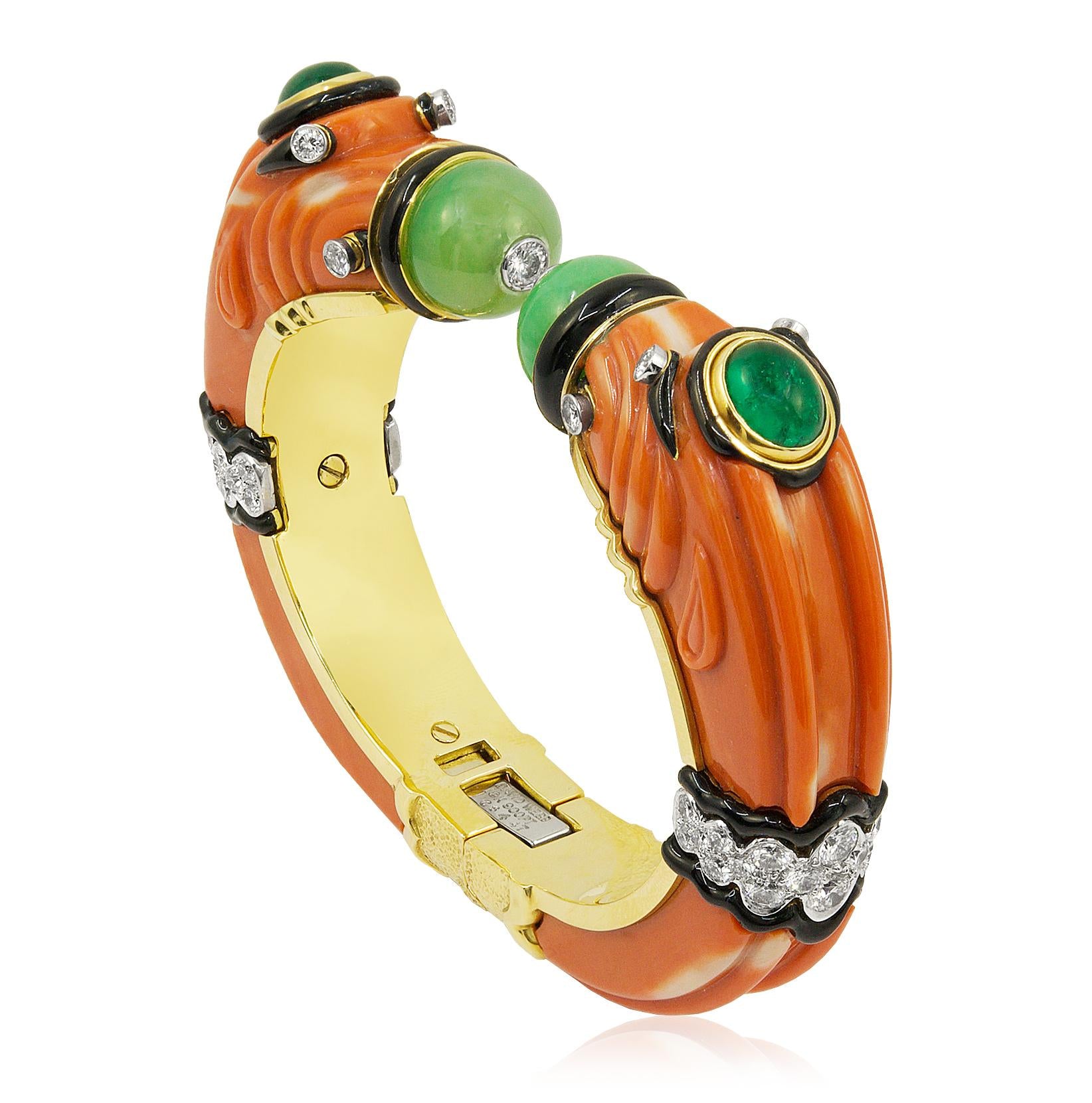 DAVID WEBB Coral, Jade, Emerald, Black Enamel and Diamond Chimera Bangle