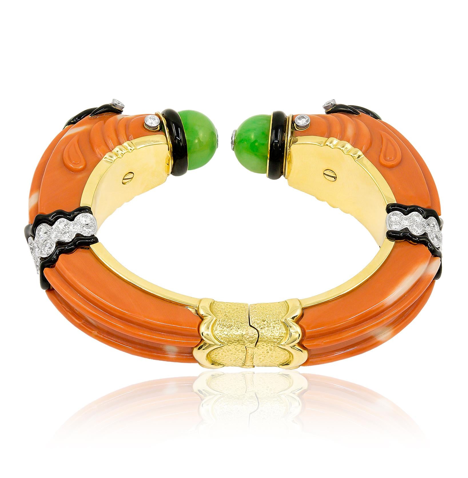 DAVID WEBB Coral, Jade, Emerald, Black Enamel and Diamond Chimera Bangle
