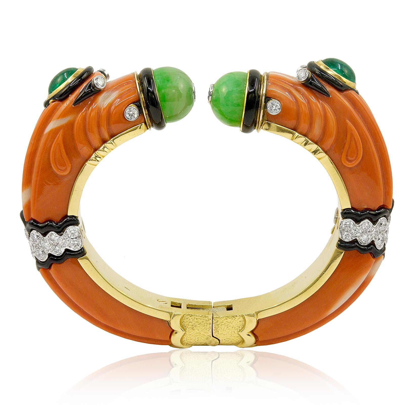 DAVID WEBB Coral, Jade, Emerald, Black Enamel and Diamond Chimera Bangle