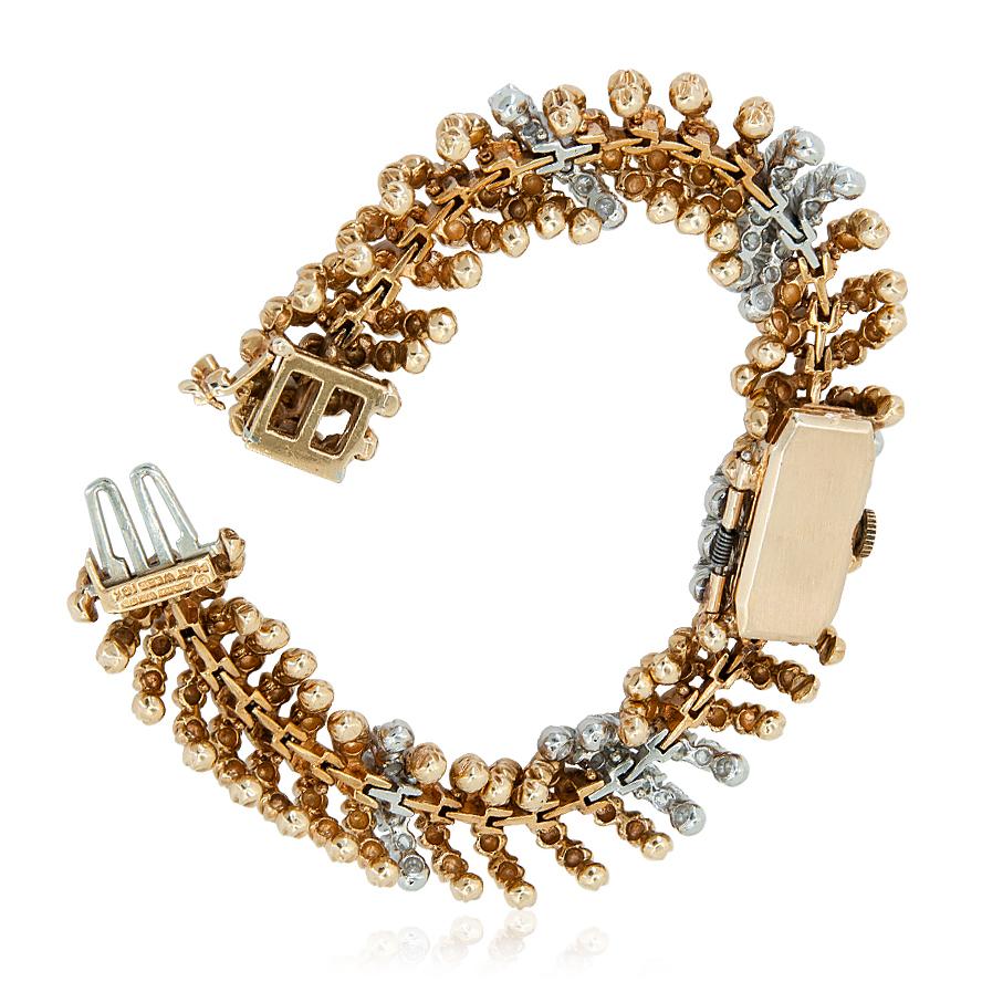 DAVID WEBB Platinum & 18K Yellow Gold Textured Bead Diamond Bracelet Watch