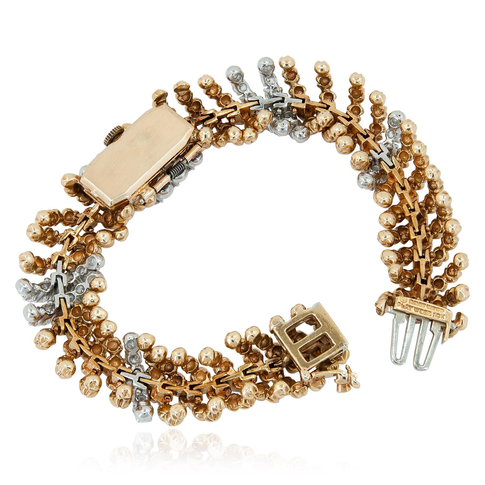 DAVID WEBB Platinum & 18K Yellow Gold Textured Bead Diamond Bracelet Watch