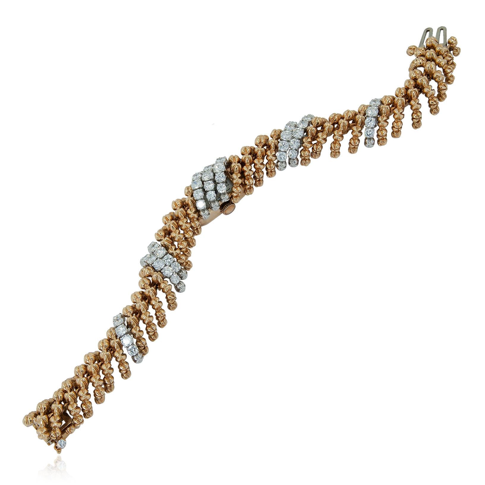 DAVID WEBB Platinum & 18K Yellow Gold Textured Bead Diamond Bracelet Watch