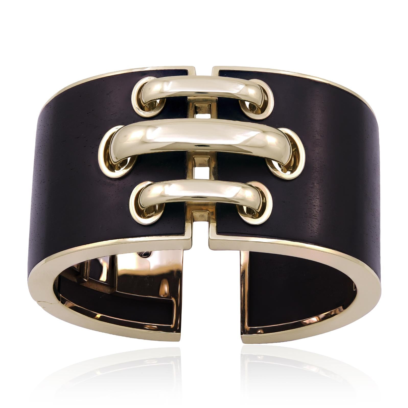 DAVID WEBB 18K Yellow Gold & Ebony Wood Shoelace Cuff Bracelet
