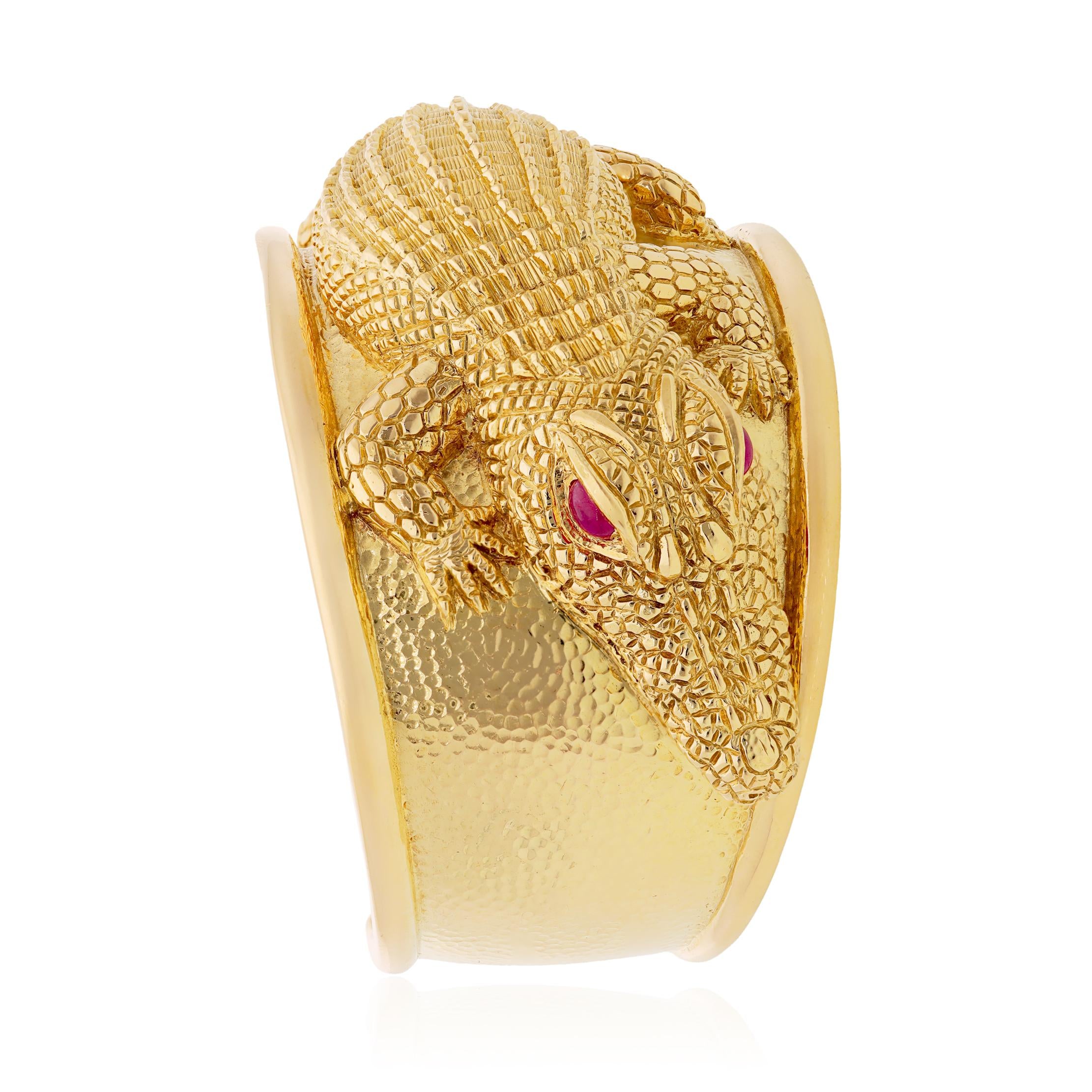 DAVID WEBB Repoussé Alligator Cuff Bracelet with Cabochon Ruby Eyes