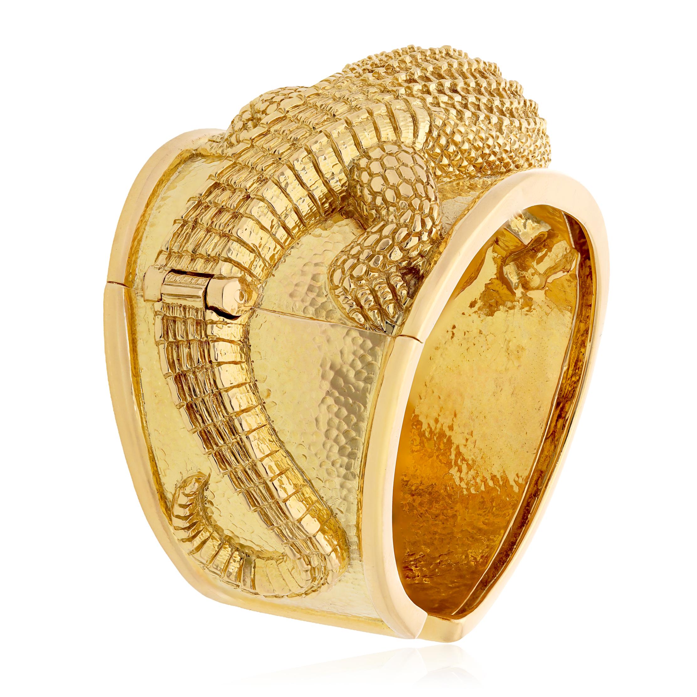 DAVID WEBB Repoussé Alligator Cuff Bracelet with Cabochon Ruby Eyes