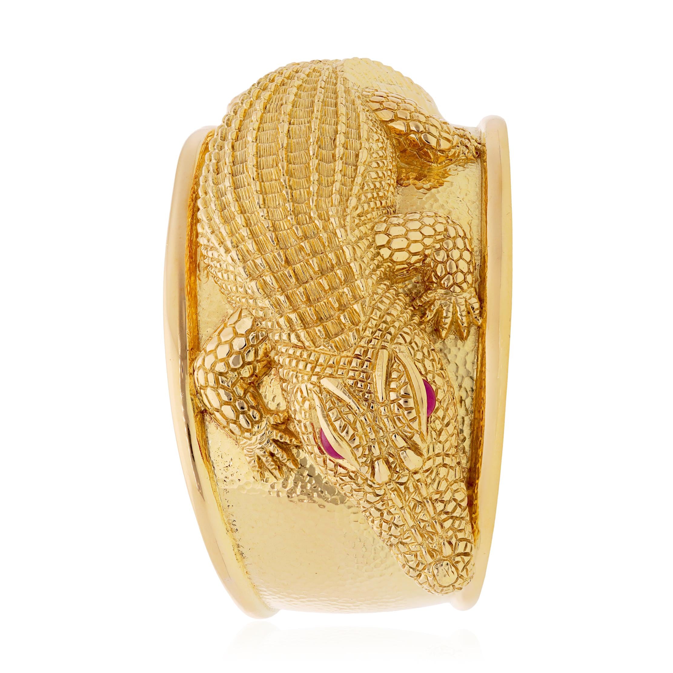 DAVID WEBB Repoussé Alligator Cuff Bracelet with Cabochon Ruby Eyes