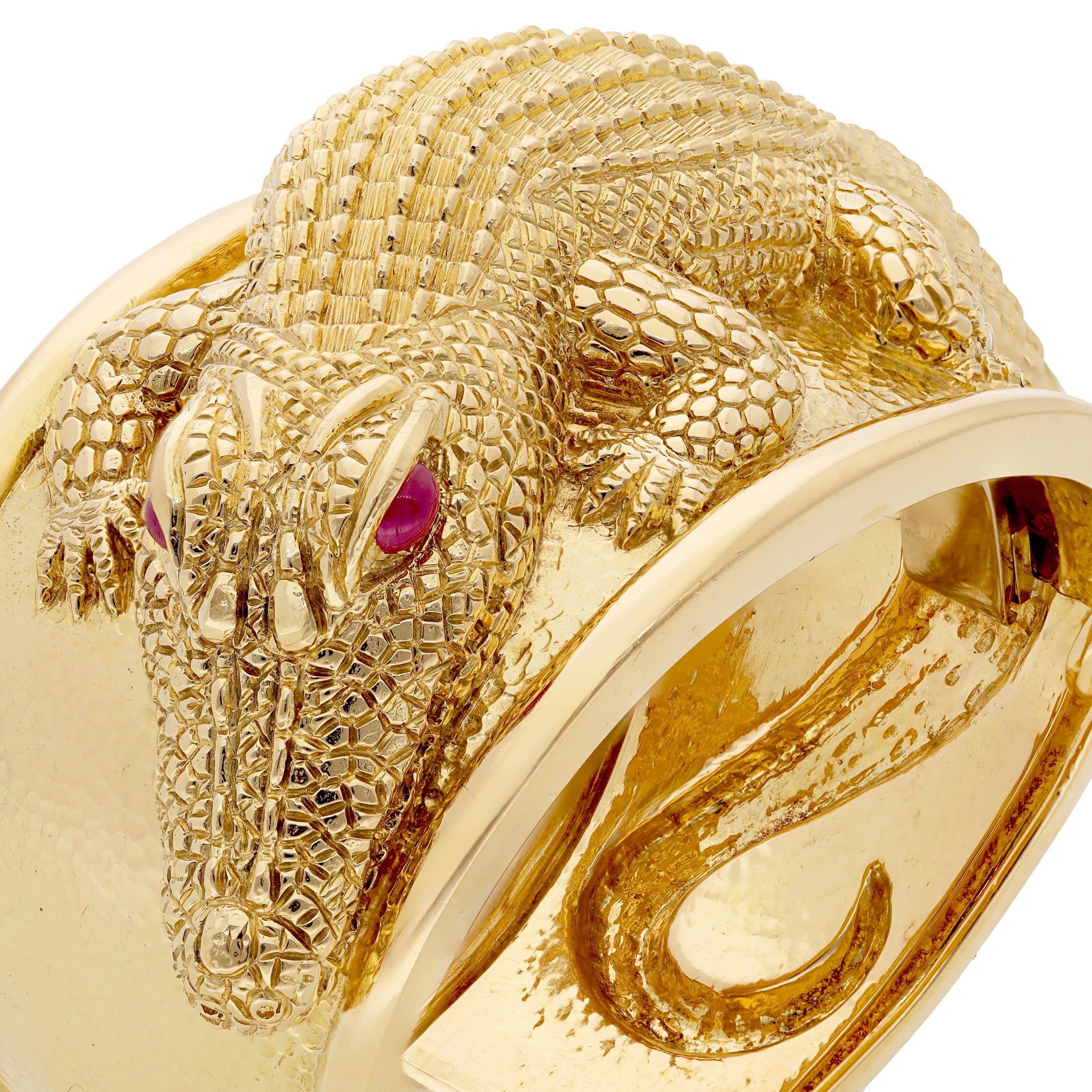 DAVID WEBB Repoussé Alligator Cuff Bracelet with Cabochon Ruby Eyes
