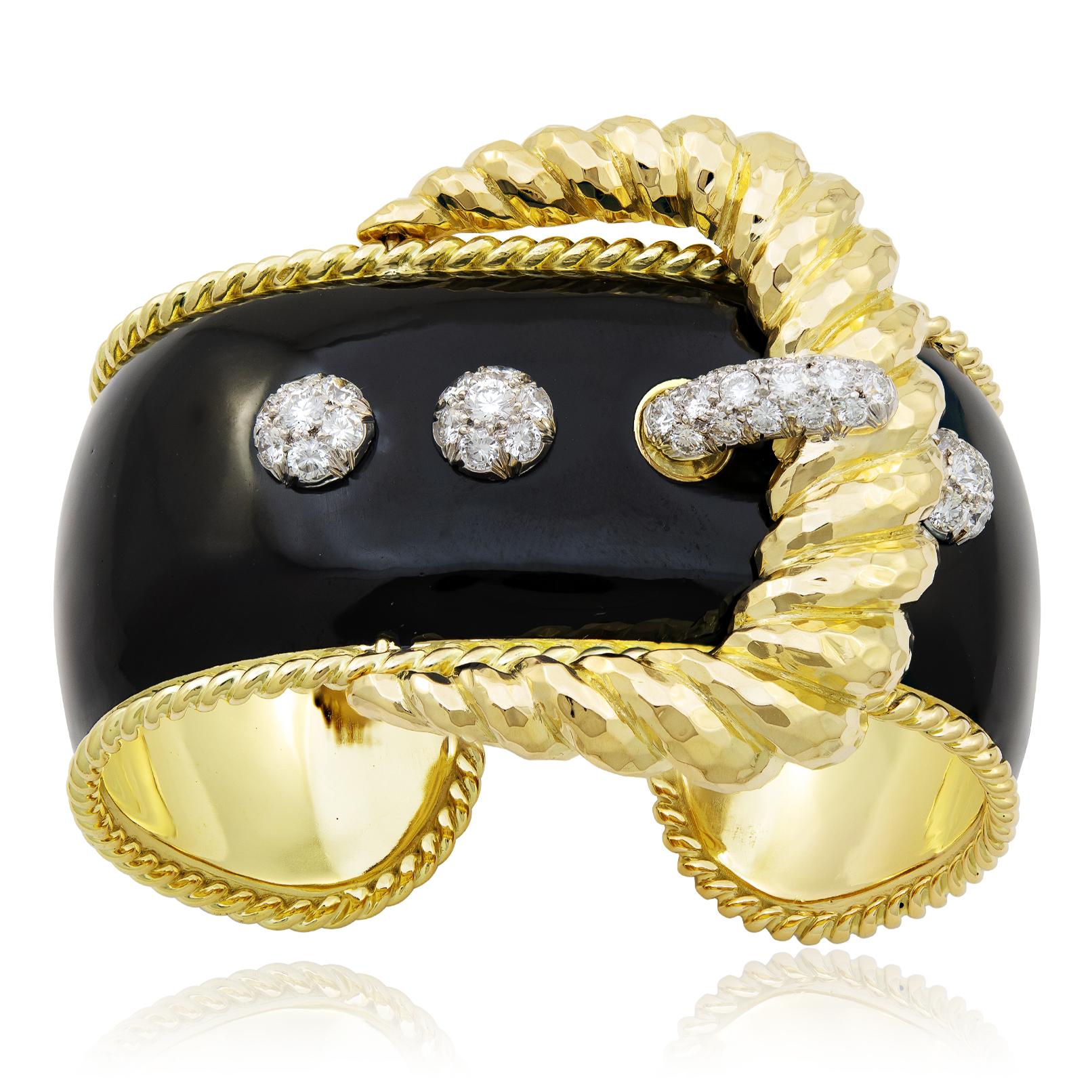 DAVID WEBB Black Enamel and Diamond “Buckle” Cuff Bracelet