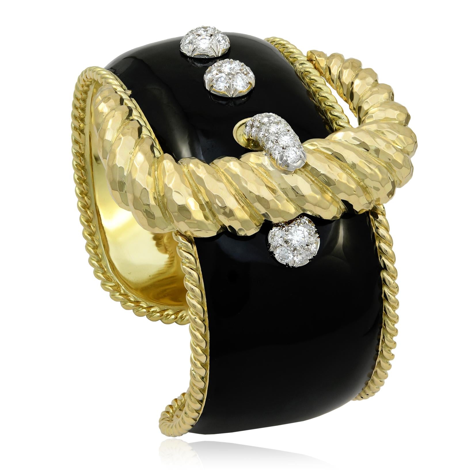 DAVID WEBB Black Enamel and Diamond “Buckle” Cuff Bracelet