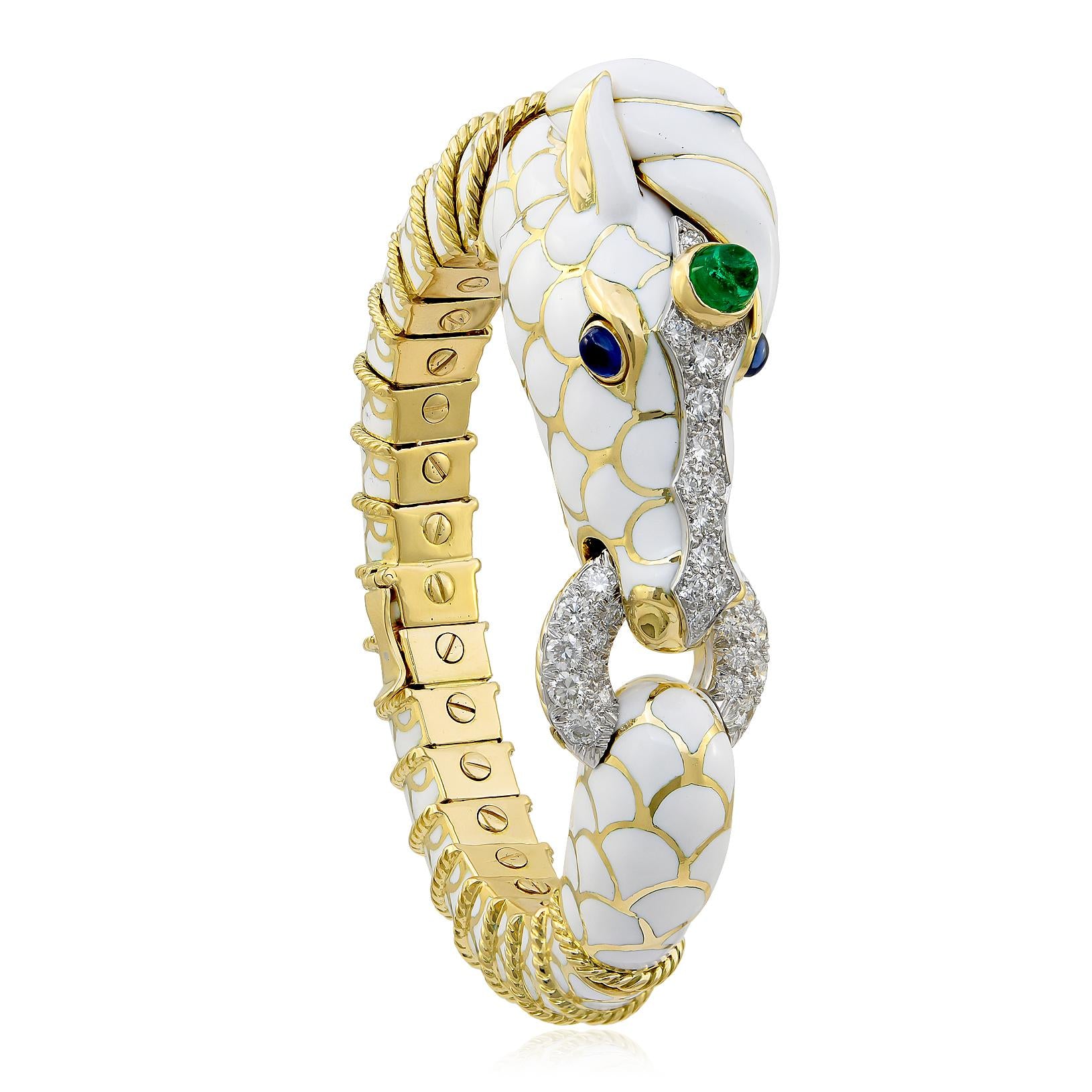 DAVID WEBB Enamel, Cabochon Emerald, Sapphire and Diamond “Unicorn” Bracelet