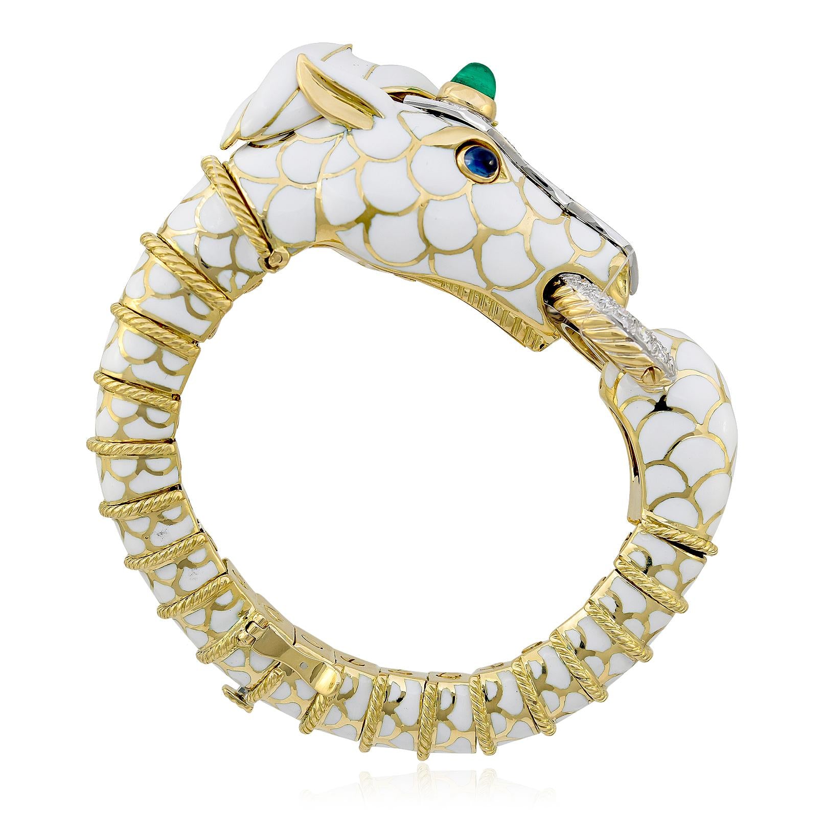 DAVID WEBB Enamel, Cabochon Emerald, Sapphire and Diamond “Unicorn” Bracelet