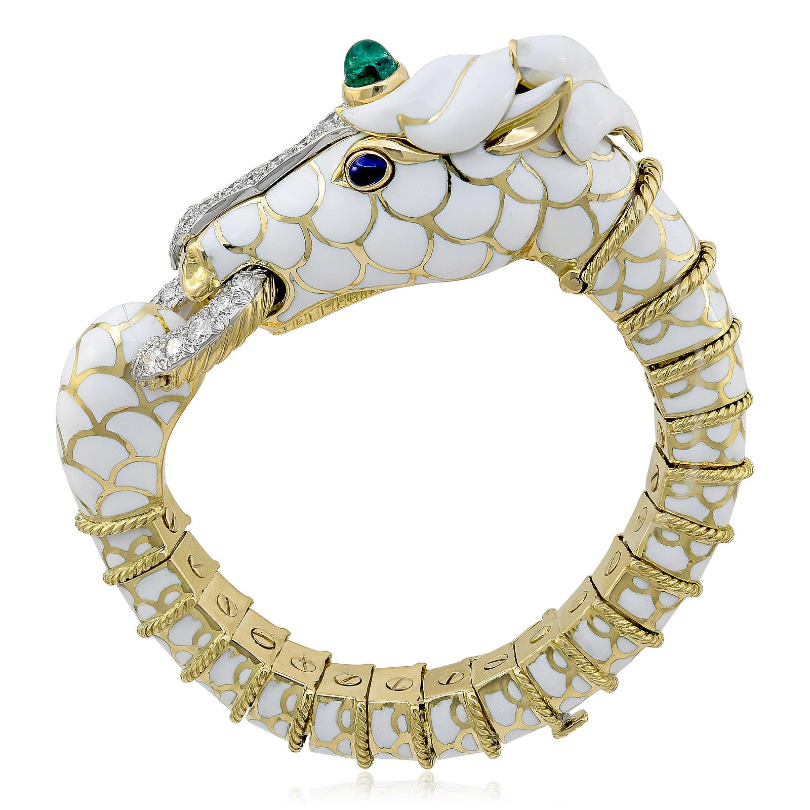 DAVID WEBB Enamel, Cabochon Emerald, Sapphire and Diamond “Unicorn” Bracelet