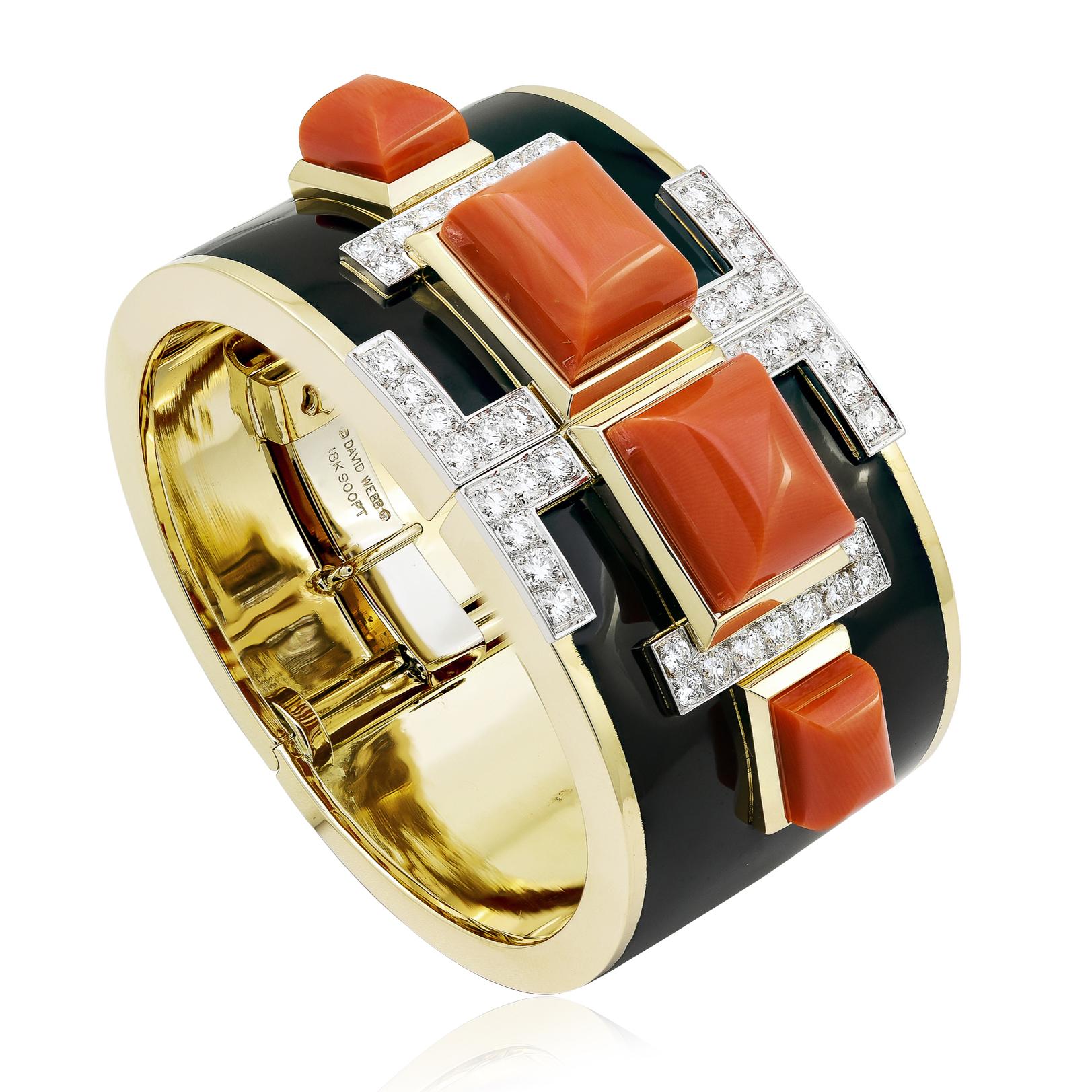 DAVID WEBB Black Enamel, Diamond and Sugarloaf Coral Bangle
