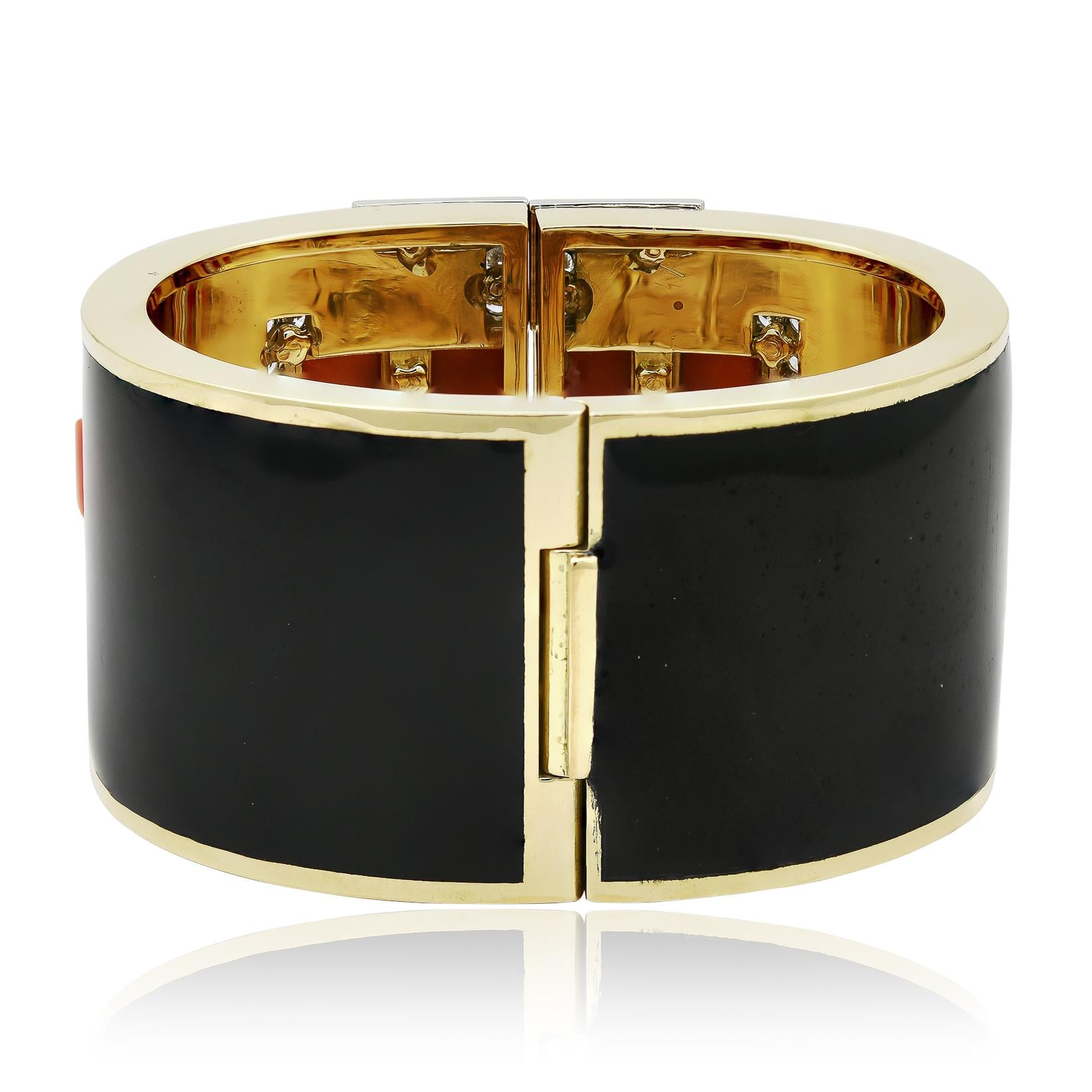 DAVID WEBB Black Enamel, Diamond and Sugarloaf Coral Bangle