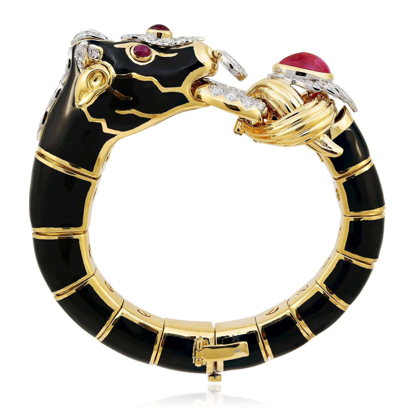 DAVID WEBB Black Enamel, Cabochon Ruby and Diamond “Bull” Bracelet