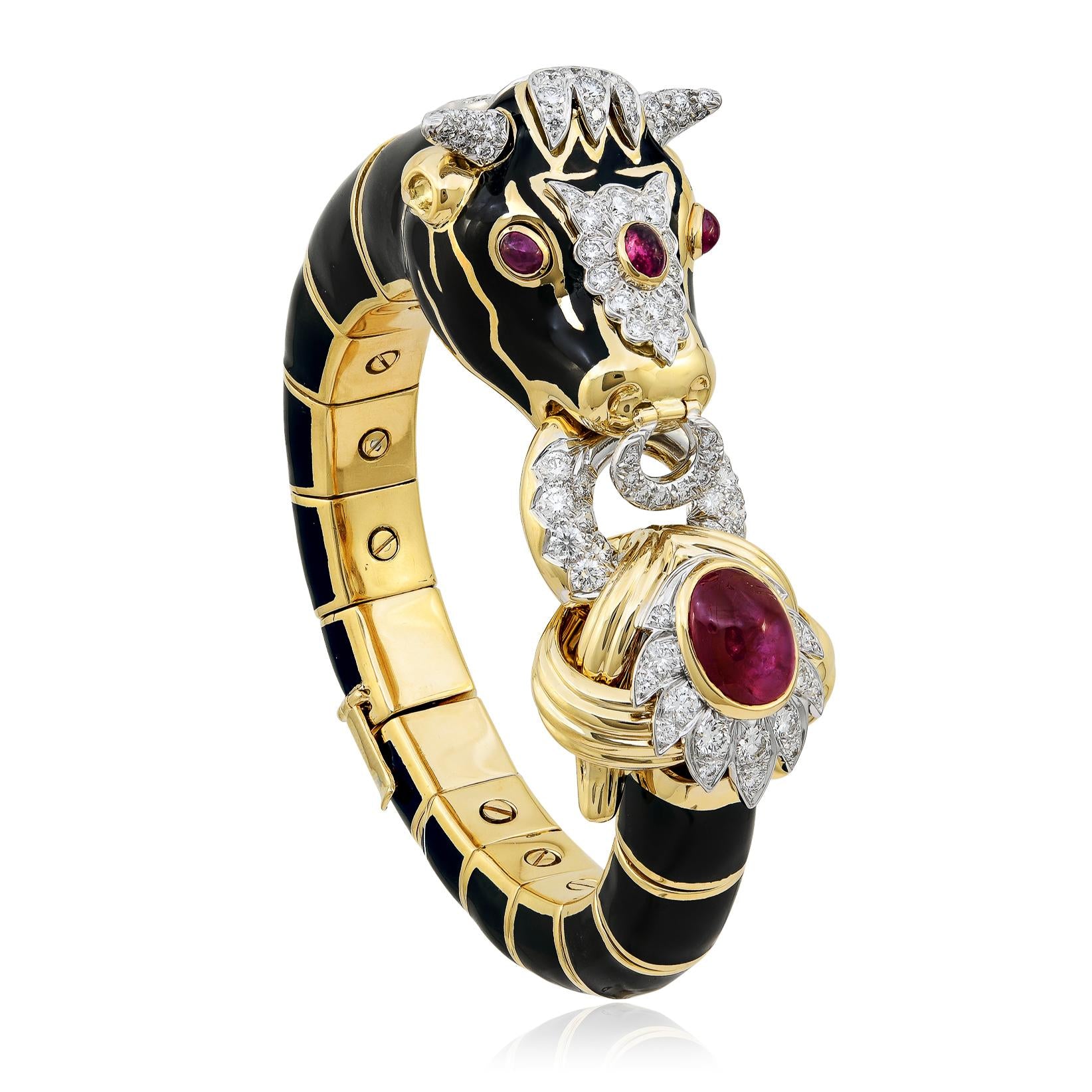 DAVID WEBB Black Enamel, Cabochon Ruby and Diamond “Bull” Bracelet