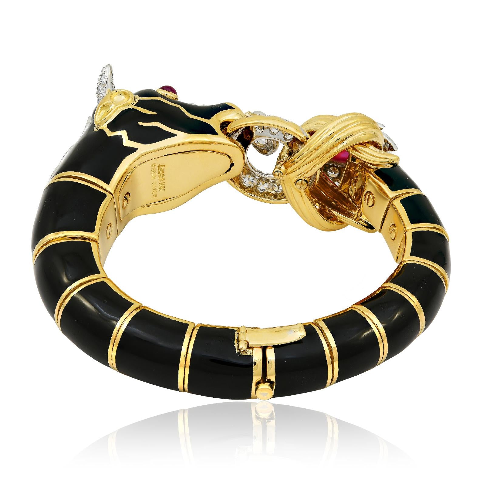 DAVID WEBB Black Enamel, Cabochon Ruby and Diamond “Bull” Bracelet