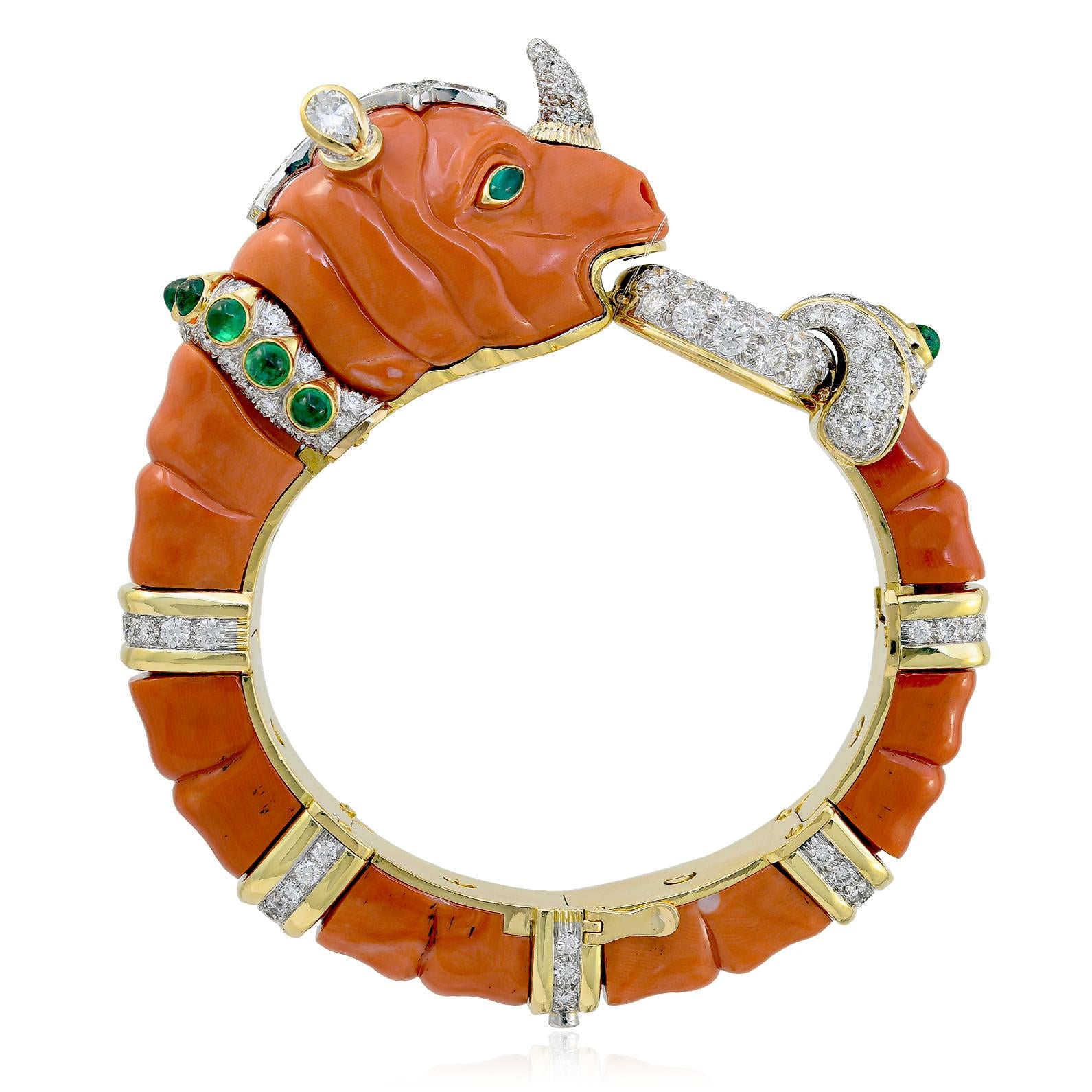 DAVID WEBB Carved Coral, Cabochon Emerald and Diamond “Rhino” Bracelet