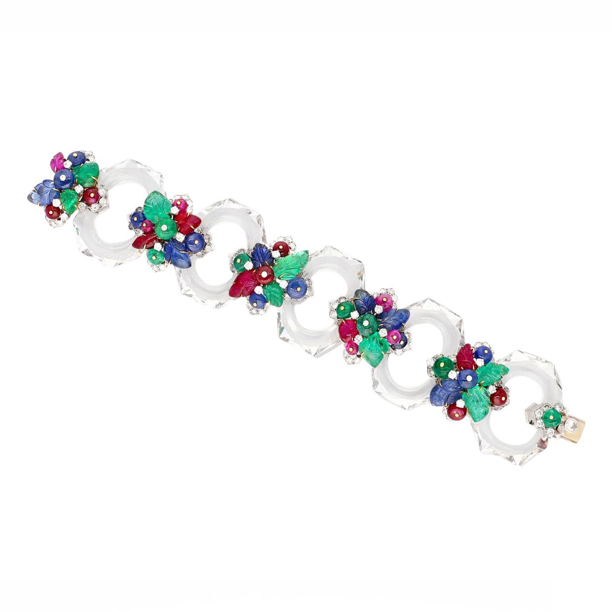 DAVID WEBB Rock Crystal, Carved Emeralds, Rubies, and Sapphires Bracelet