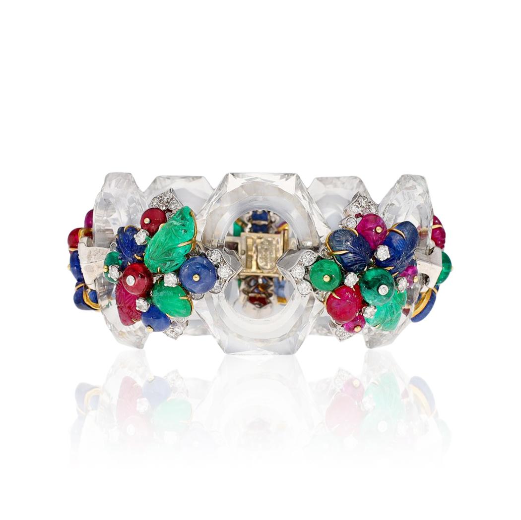 DAVID WEBB Rock Crystal, Carved Emeralds, Rubies, and Sapphires Bracelet