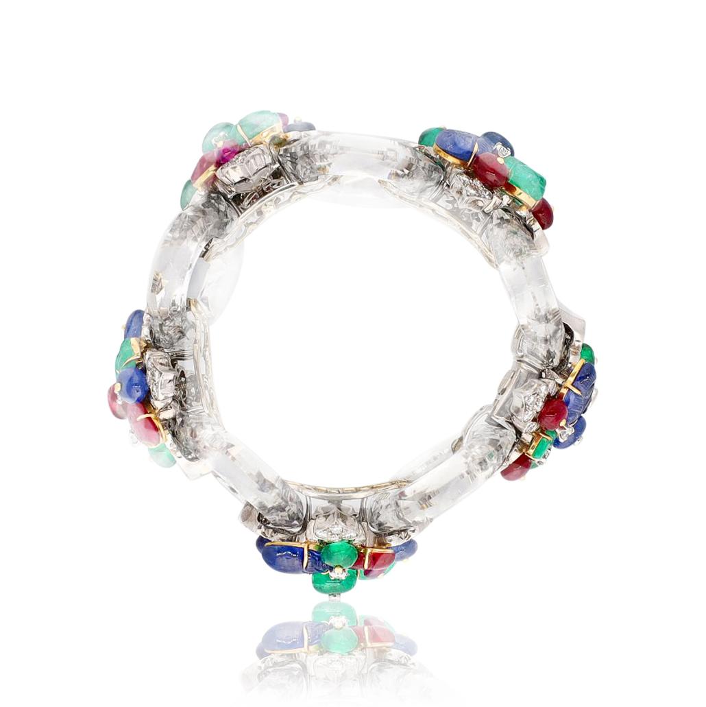 DAVID WEBB Rock Crystal, Carved Emeralds, Rubies, and Sapphires Bracelet