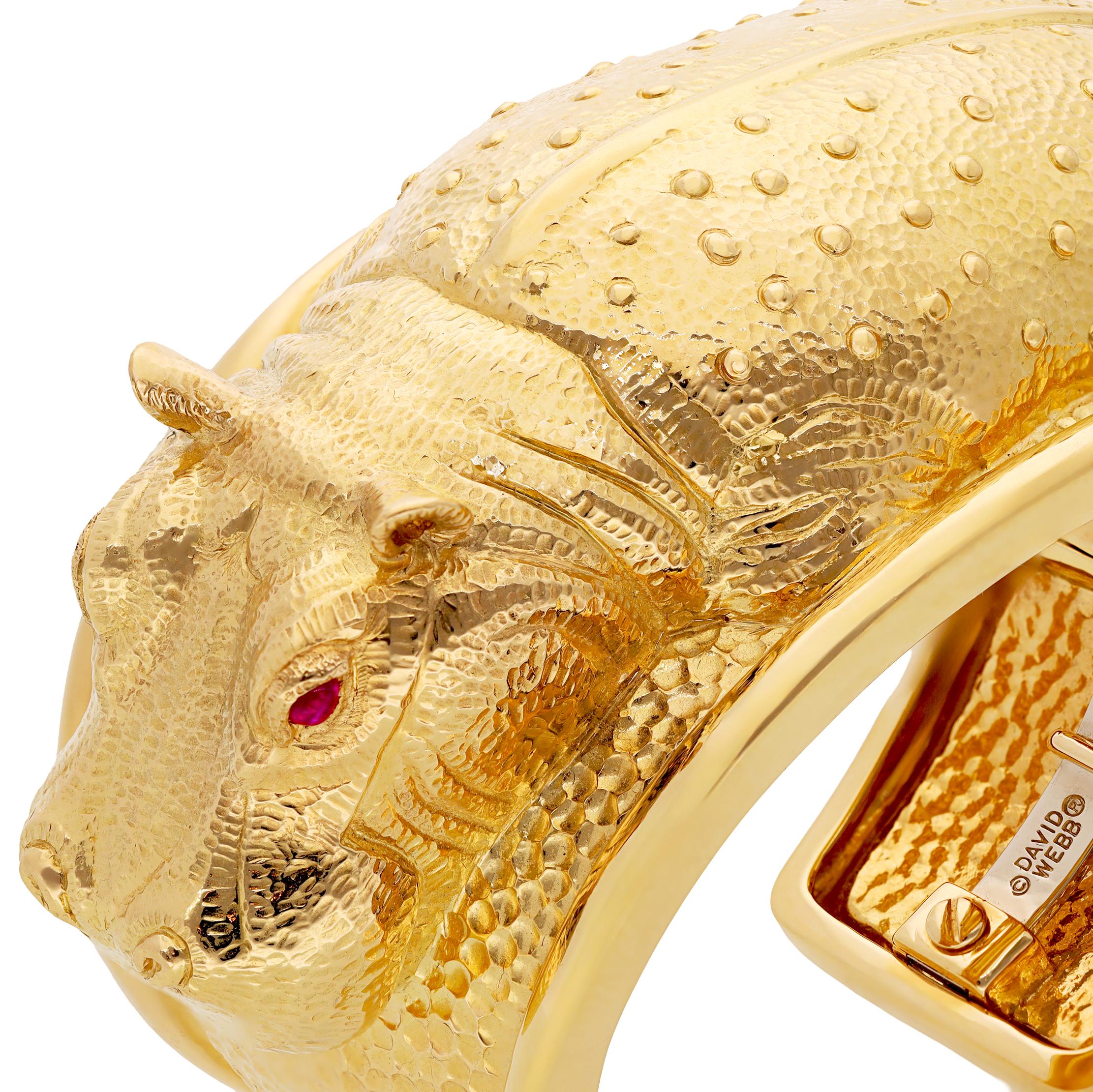 DAVID WEBB Repoussé Hippopotamus Cuff Bracelet with Cabochon Ruby Eyes
