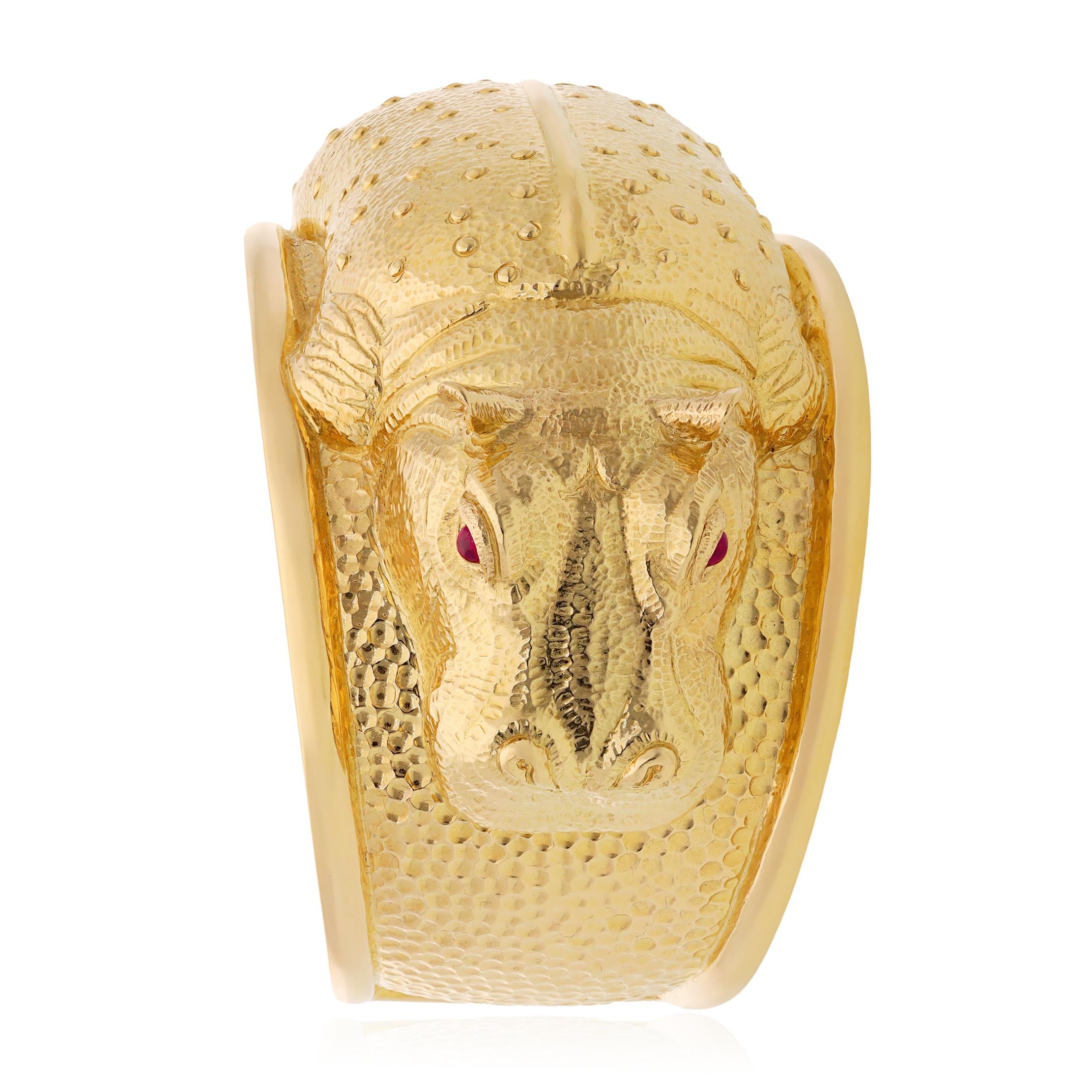 DAVID WEBB Repoussé Hippopotamus Cuff Bracelet with Cabochon Ruby Eyes