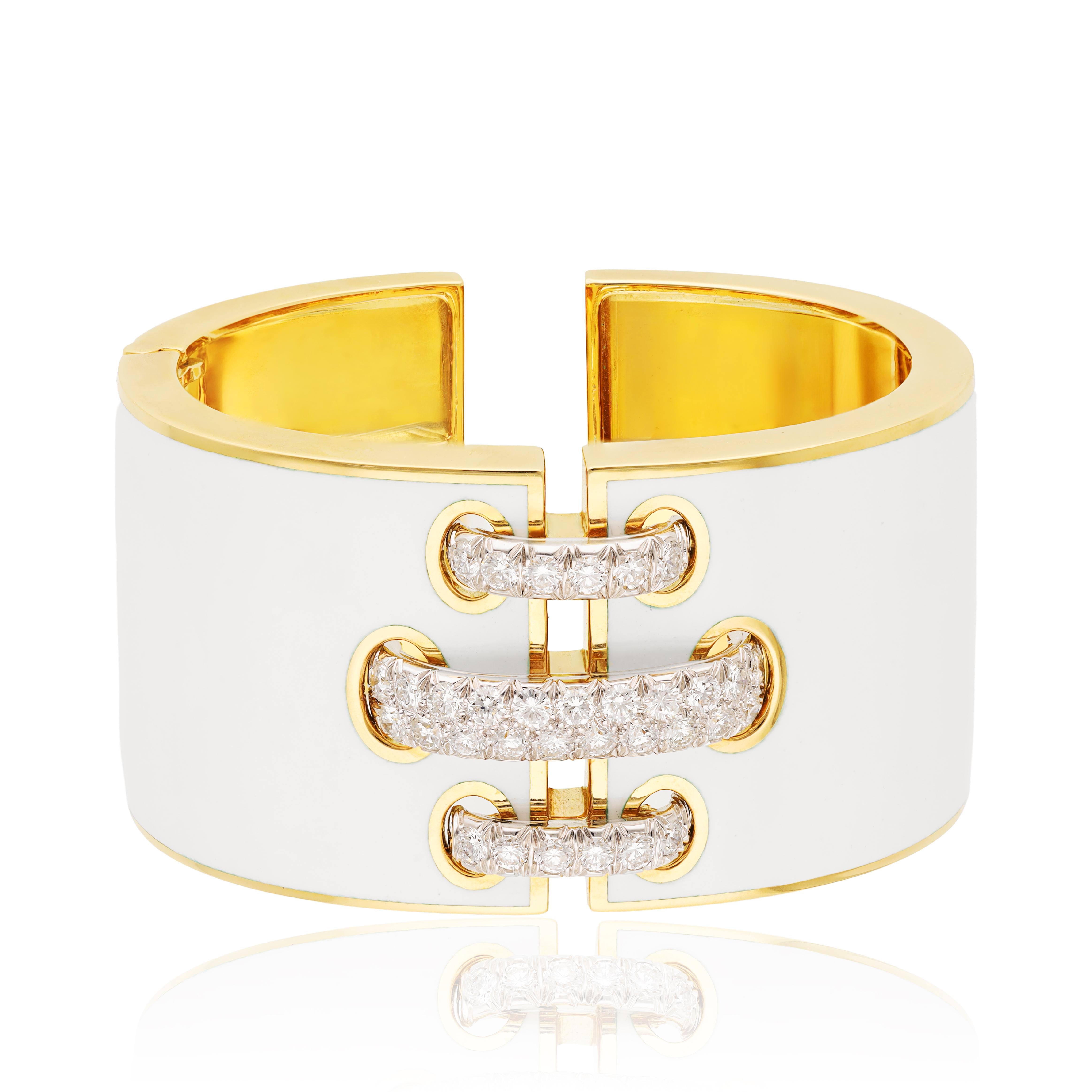 DAVID WEBB White Enamel and Diamond “Shoelace” Cuff Bracelet