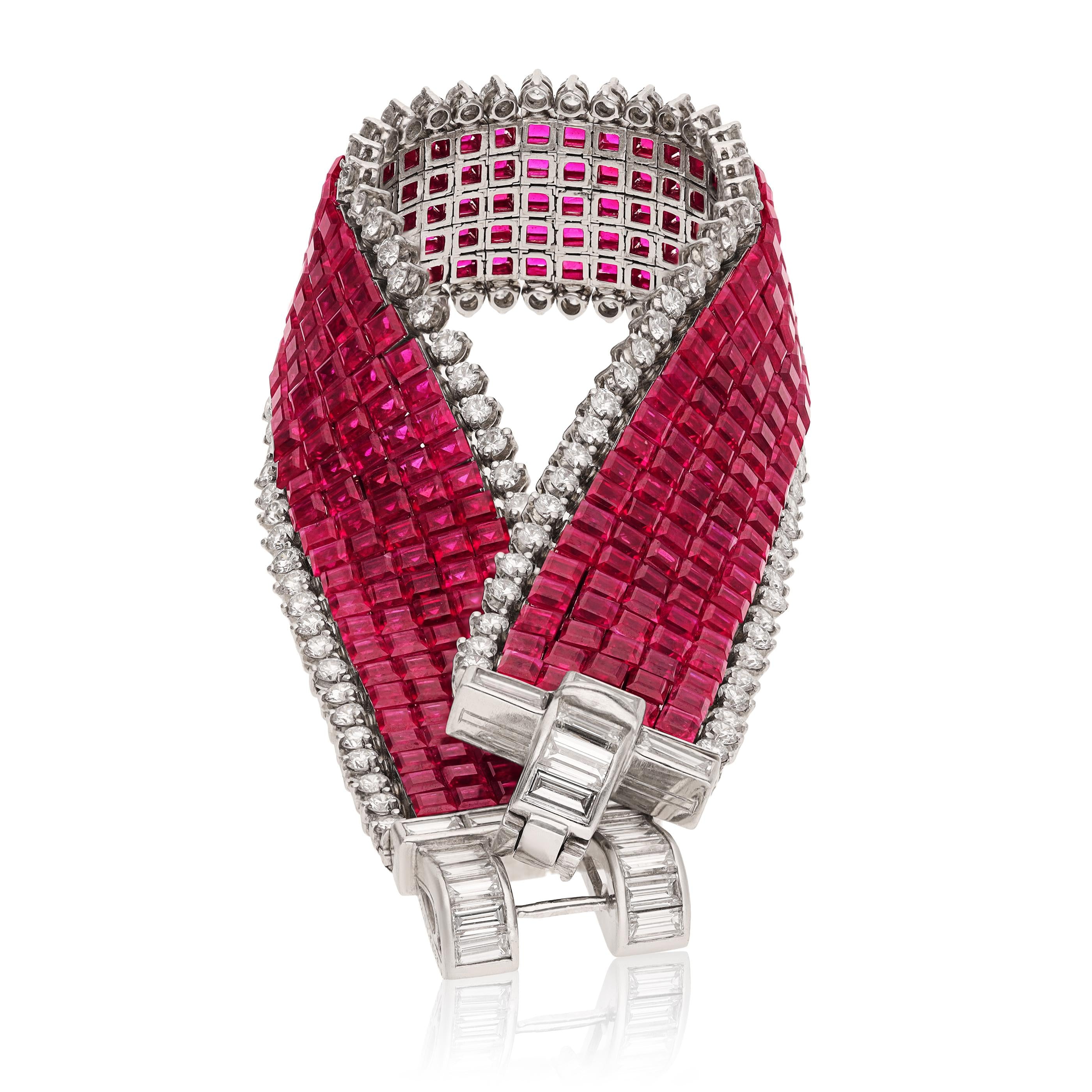 VAN CLEEF & ARPELS Platinum Mystery Set 5-Row Ruby And 2-Row Diamond Bracelet