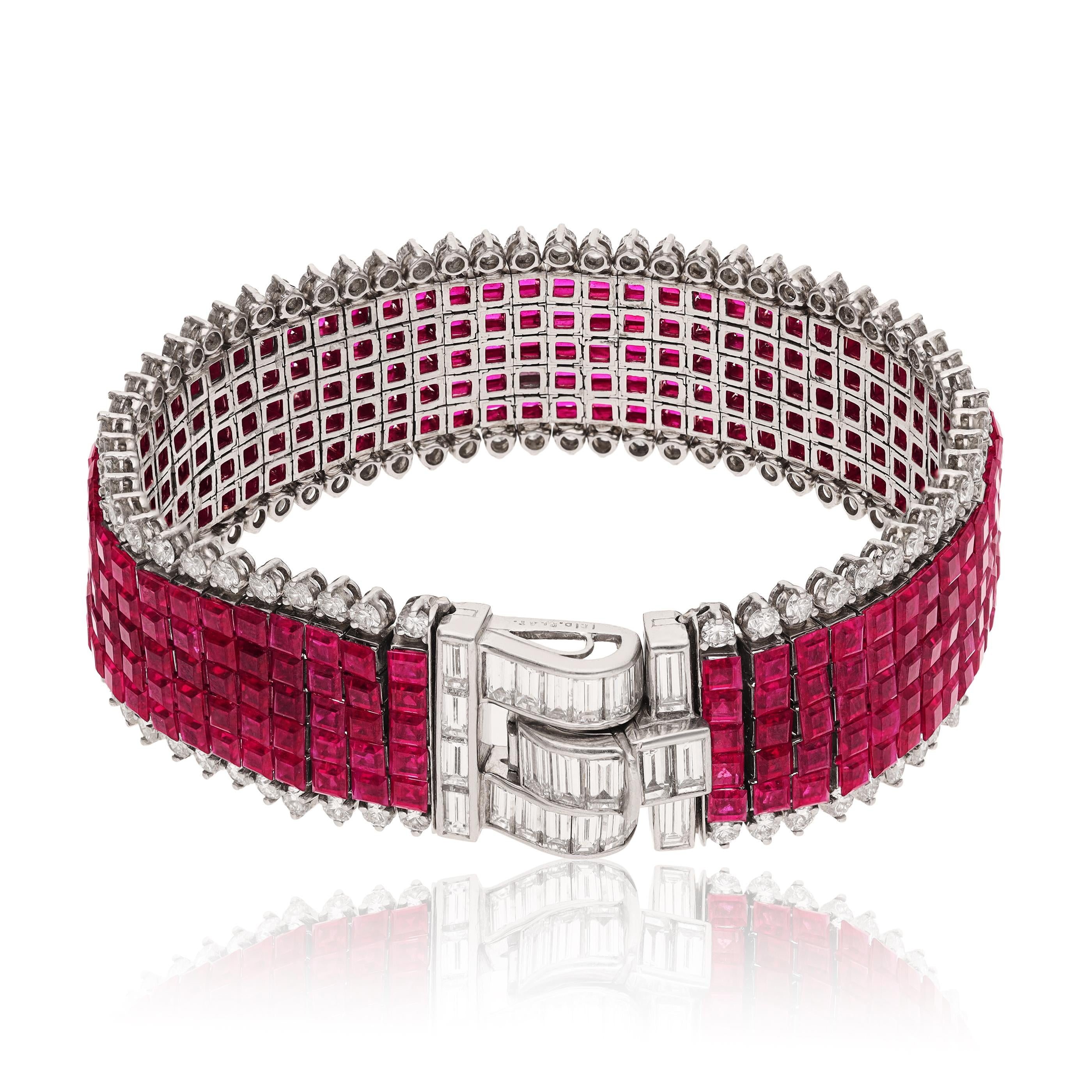 VAN CLEEF & ARPELS Platinum Mystery Set 5-Row Ruby And 2-Row Diamond Bracelet