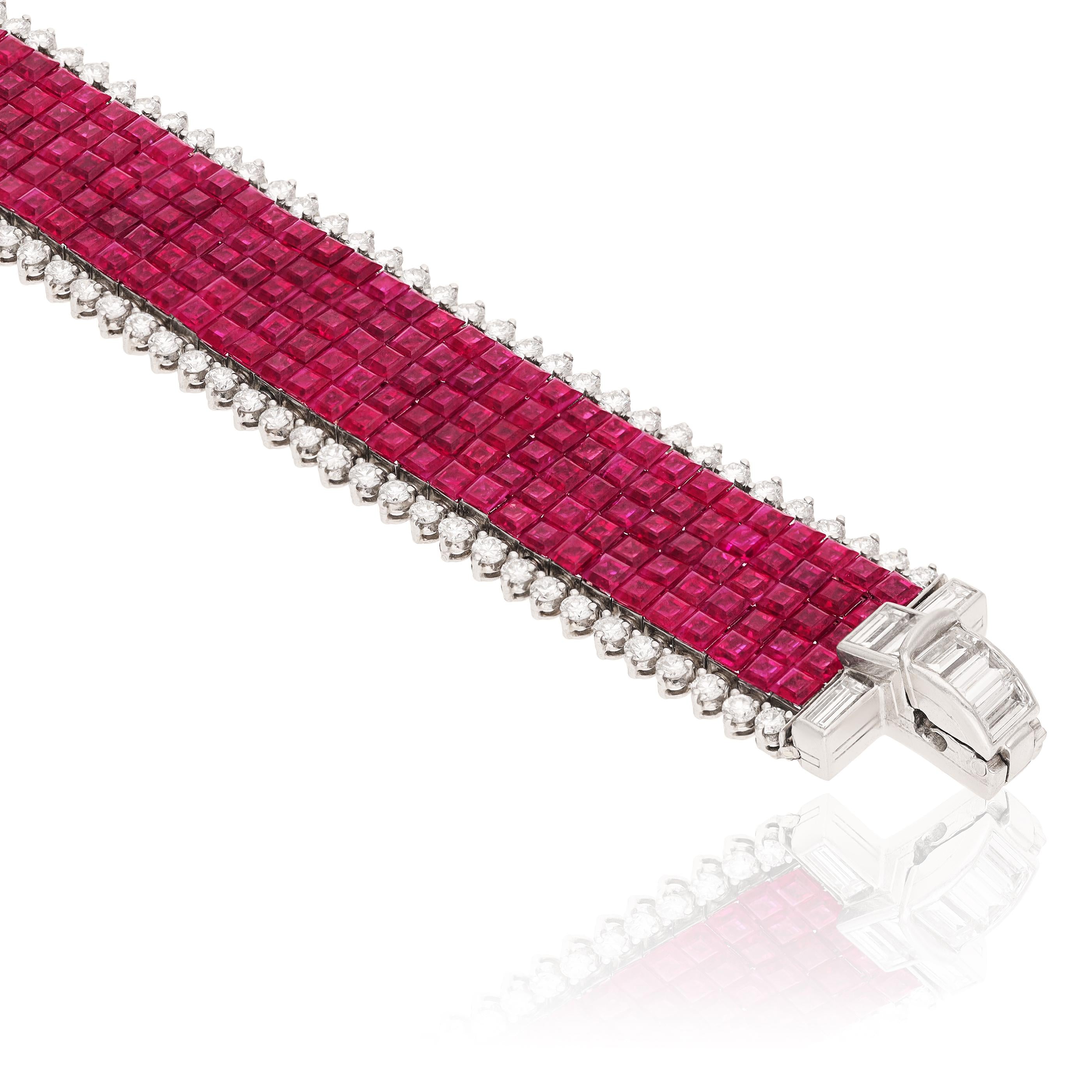 VAN CLEEF & ARPELS Platinum Mystery Set 5-Row Ruby And 2-Row Diamond Bracelet