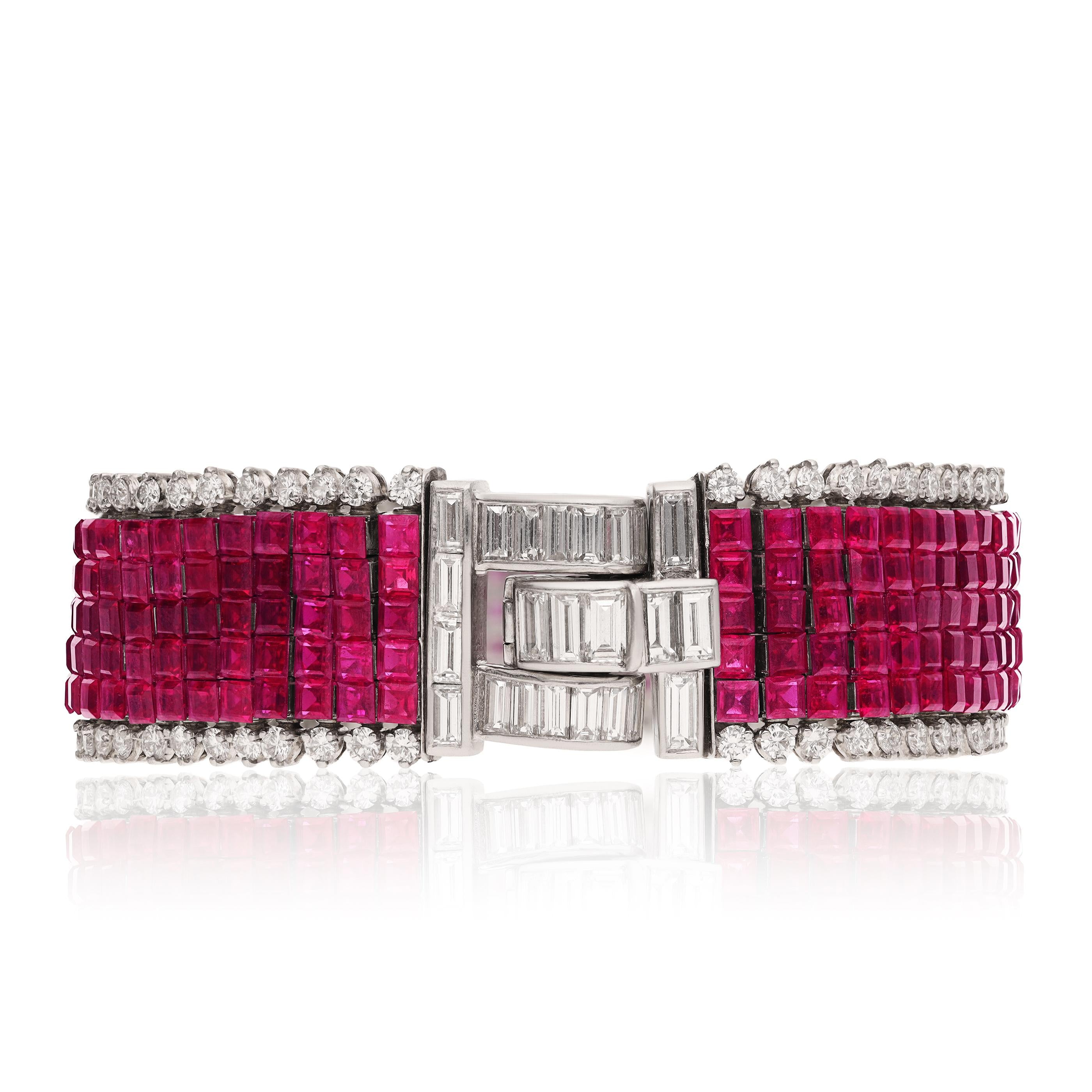VAN CLEEF & ARPELS Platinum Mystery Set 5-Row Ruby And 2-Row Diamond Bracelet