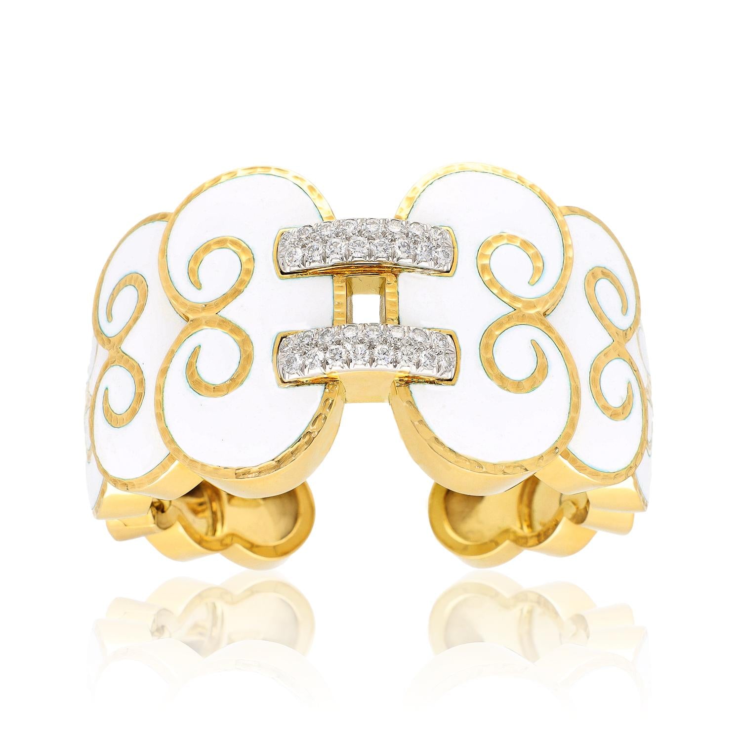DAVID WEBB Corset White Enemal and Diamond Cuff