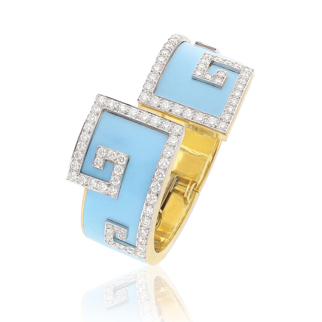 DAVID WEBB Scroll Cuff Light Blue Enamel