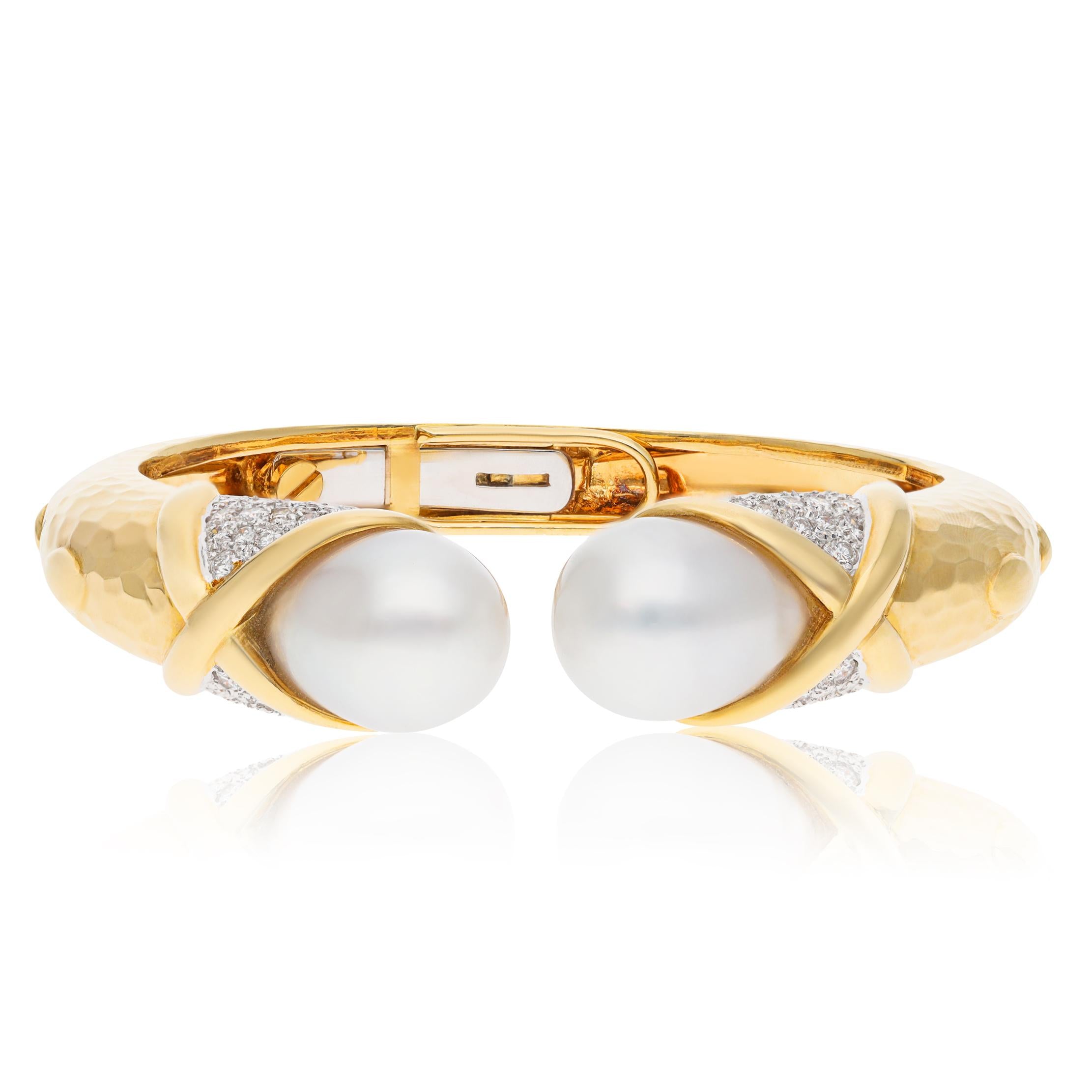 18K Yellow Hammered Gold, Diamond and Pearl Hinged Bracelet