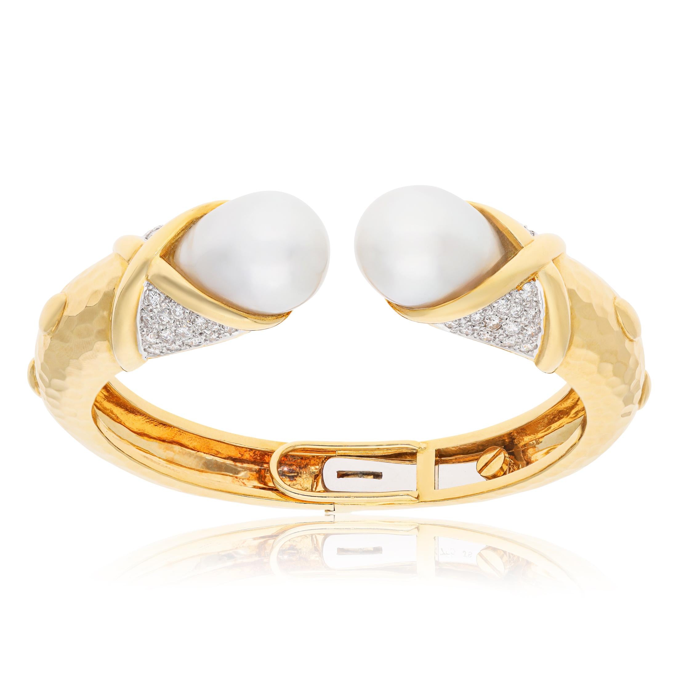 18K Yellow Hammered Gold, Diamond and Pearl Hinged Bracelet