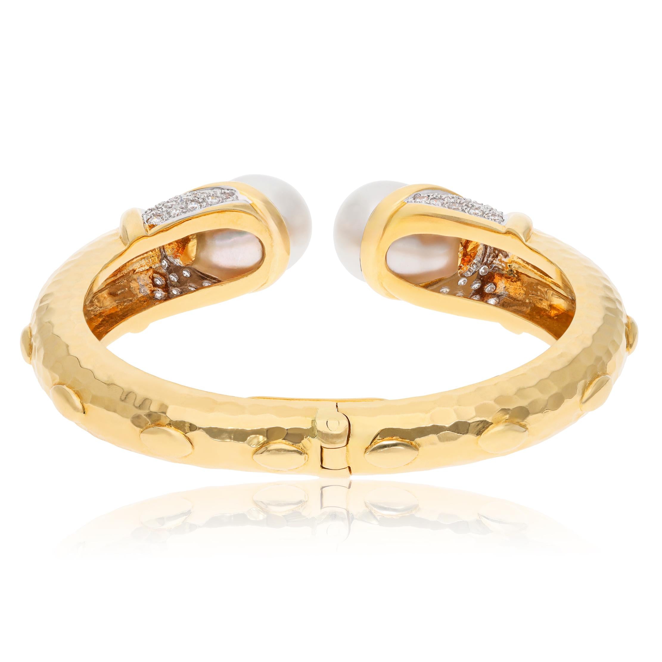 18K Yellow Hammered Gold, Diamond and Pearl Hinged Bracelet