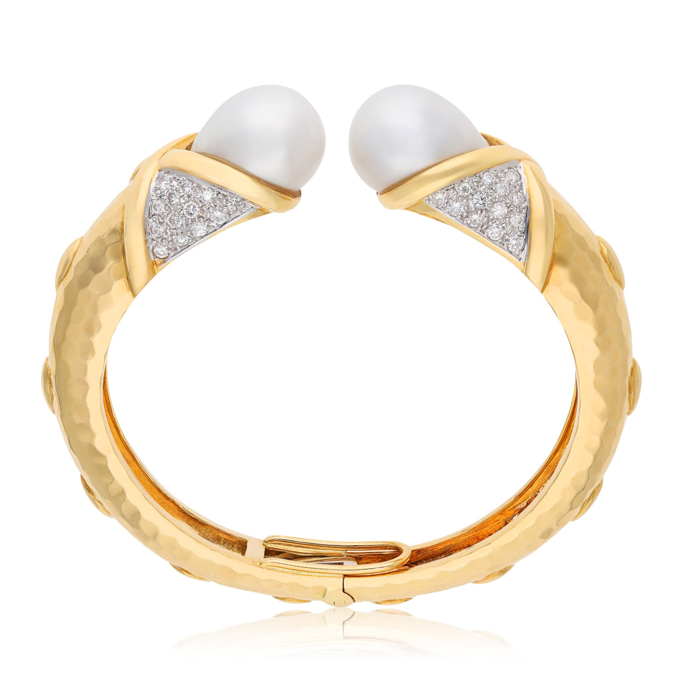 18K Yellow Hammered Gold, Diamond and Pearl Hinged Bracelet