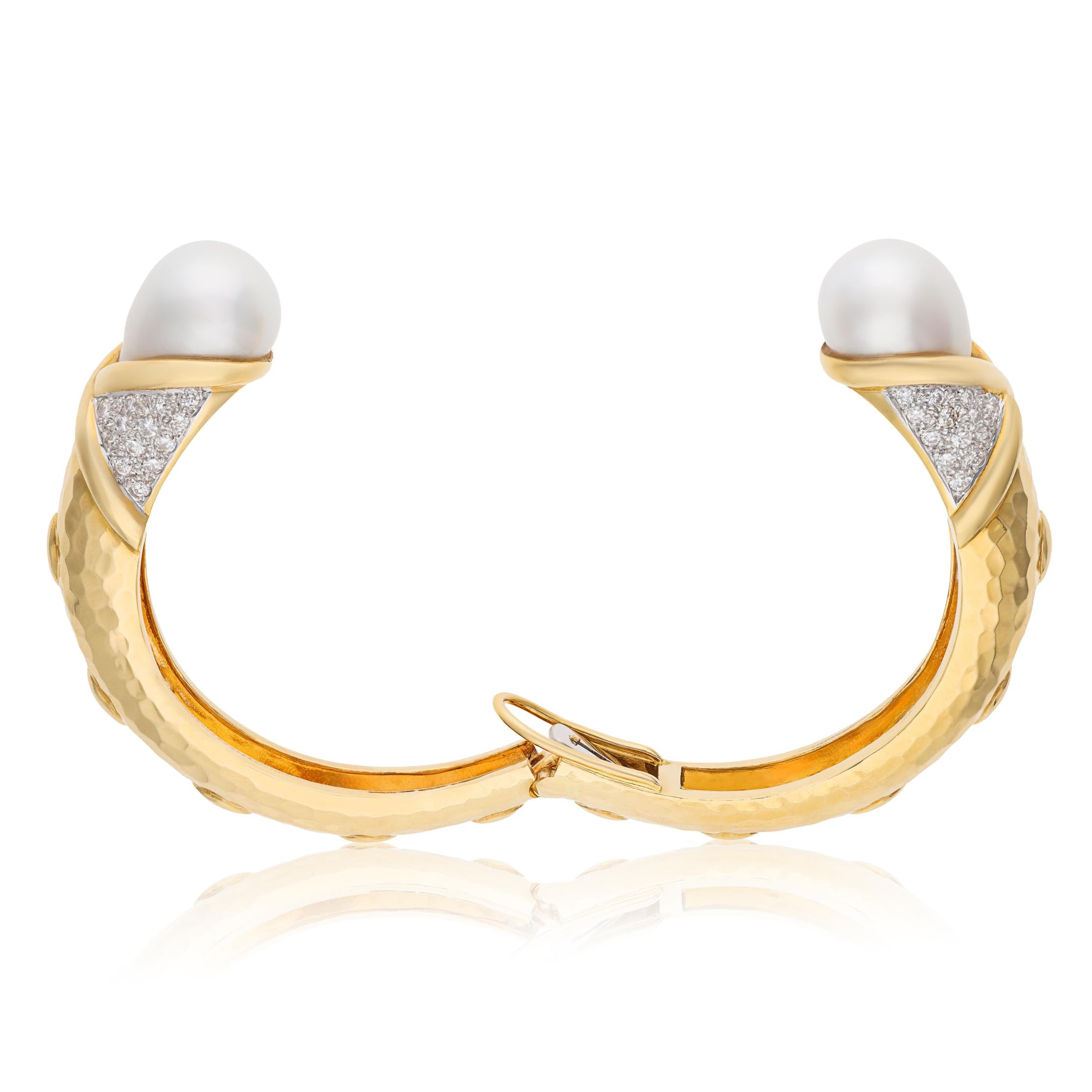 18K Yellow Hammered Gold, Diamond and Pearl Hinged Bracelet