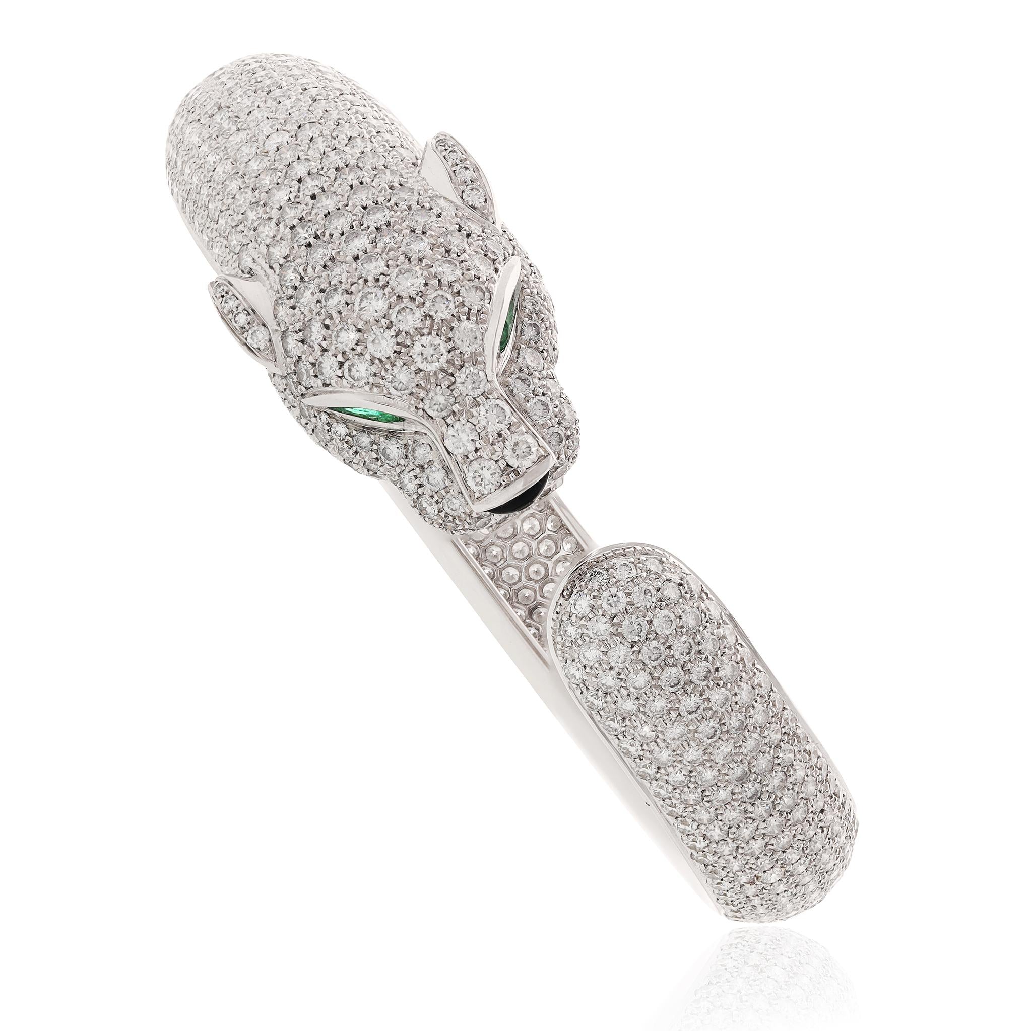 CARTIER 18K White Gold Diamond, Emerald, and Onyx Panther Bracelet
